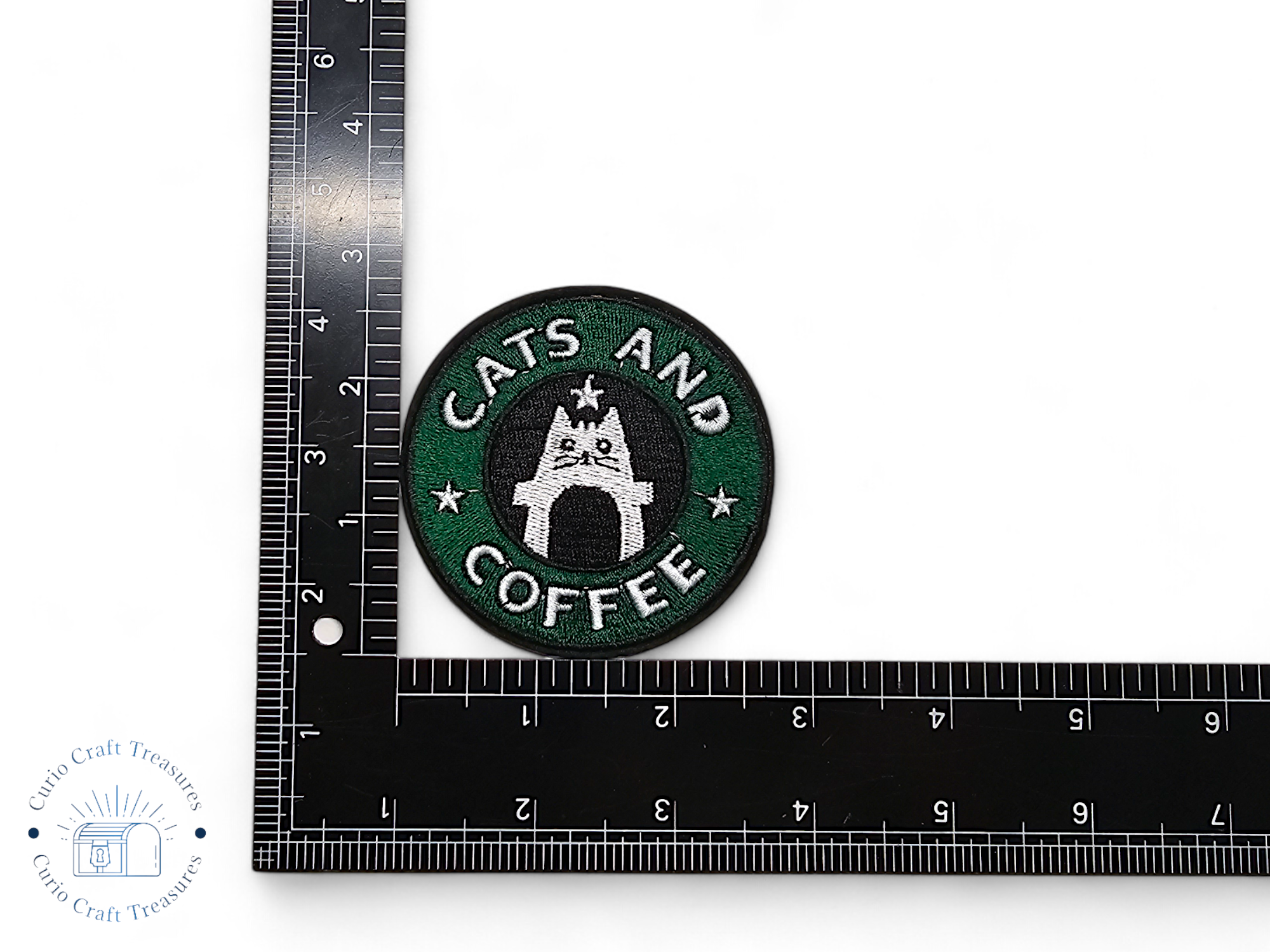 Embroided Patch, Iron on, Glue, Craft supply, Embroidery, Fabric, Cat, cute, animal, tea, Coffee, pentagram, pentacle, knife