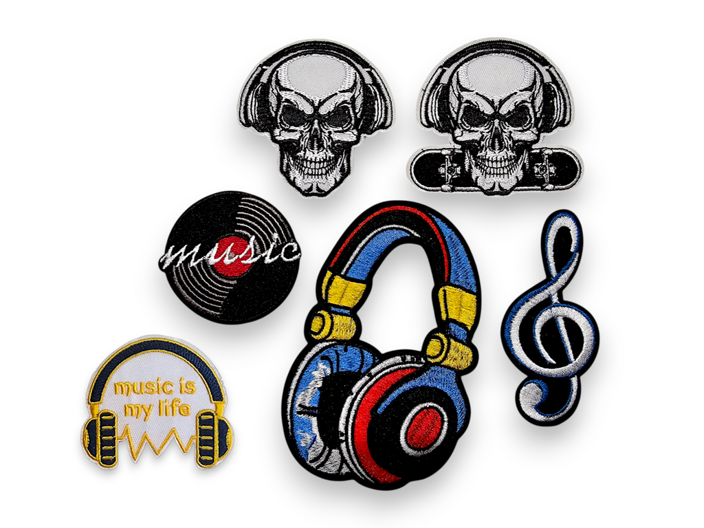 Embroided Patch, Iron on, Glue, Craft supply, Embroidery, Fabric, Music, Skull, Headphone, Record, treble clef