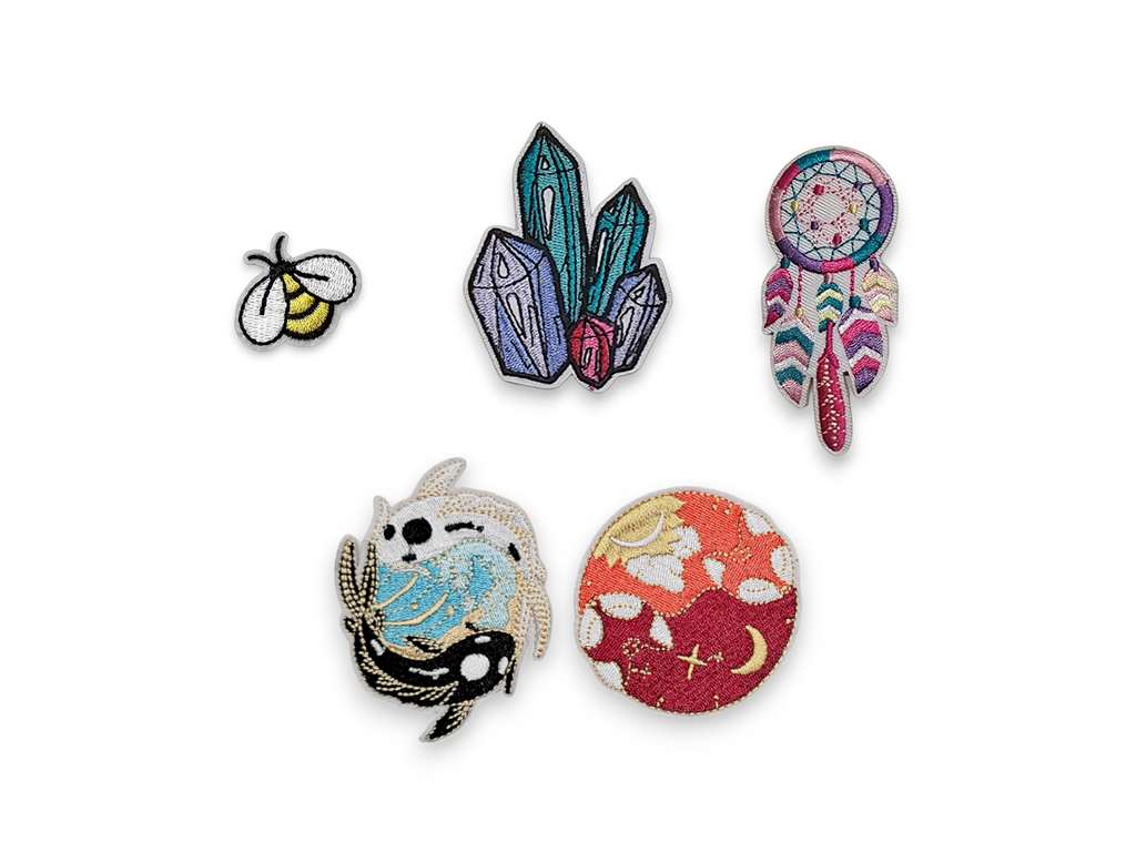 Écusson brodé, thermocollant, colle, matériel de loisirs créatifs, broderie, tissu, abeille, cristal, attrape-rêves, yin yang, poisson, renard, animal