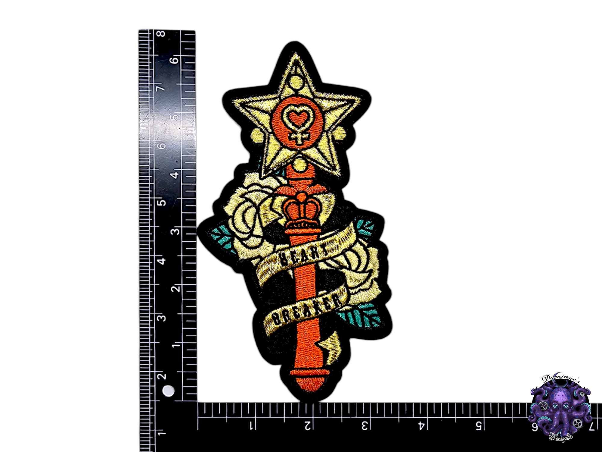 Embroided Patch, Iron on, Glue, Craft supply, Embroidery, Fabric, Cute, Kawai, Girl, Anime, Manga, Heart, gold, Medium
