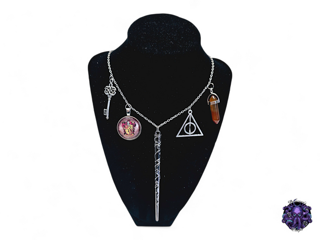 Necklace, silver, chain, red, orange, stone, mode accessory, wand, magic, wizard, witch, key, house