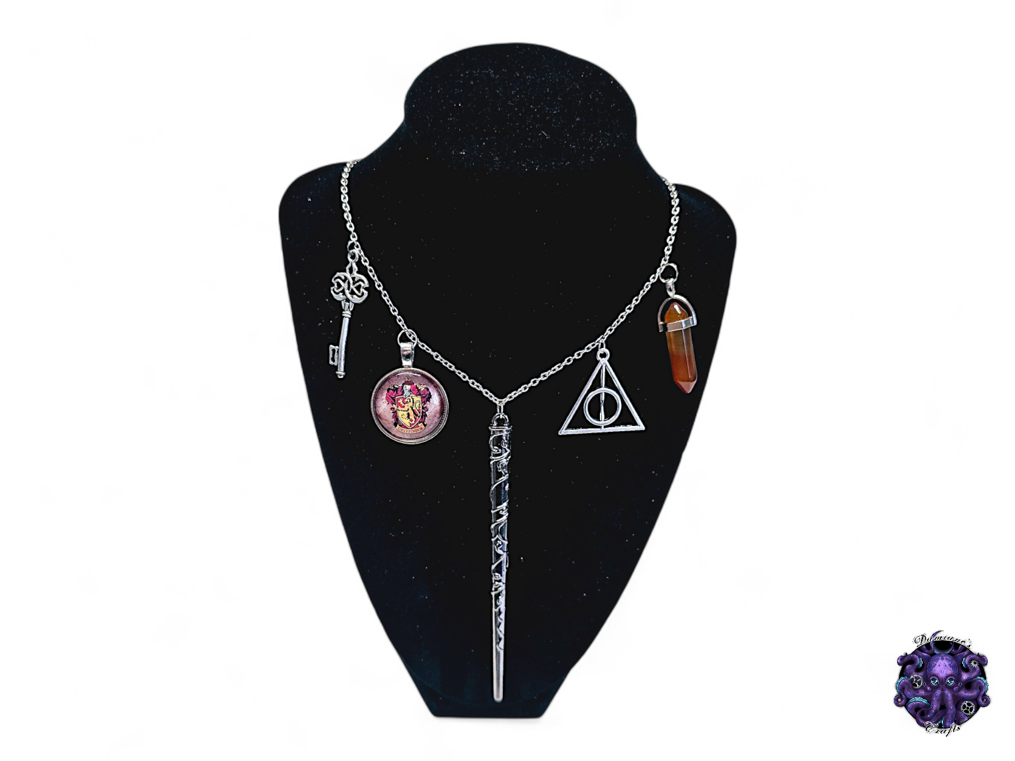 Necklace, silver, chain, red, orange, stone, mode accessory, wand, magic, wizard, witch, key, house