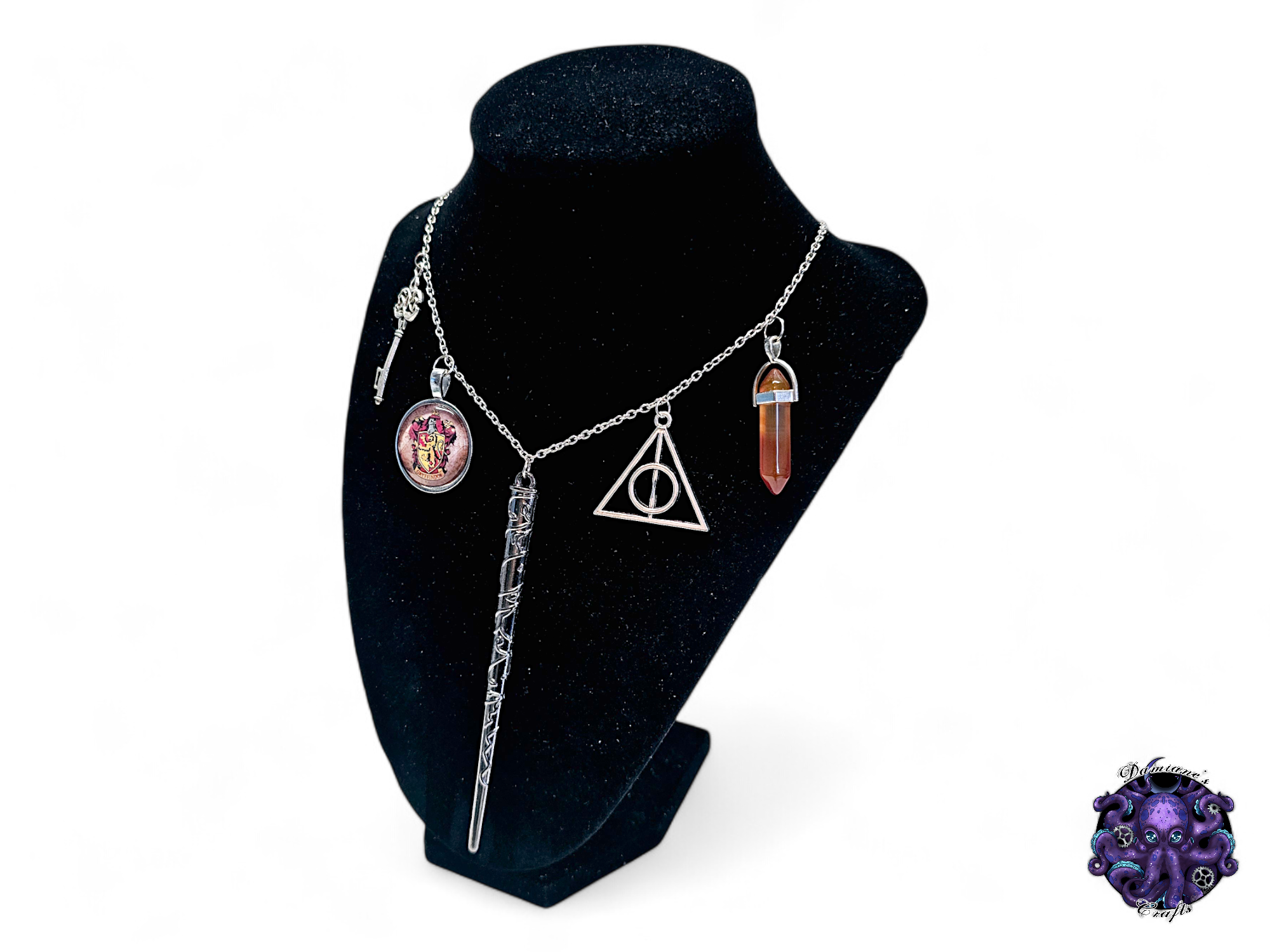 Necklace, silver, chain, red, orange, stone, mode accessory, wand, magic, wizard, witch, key, house