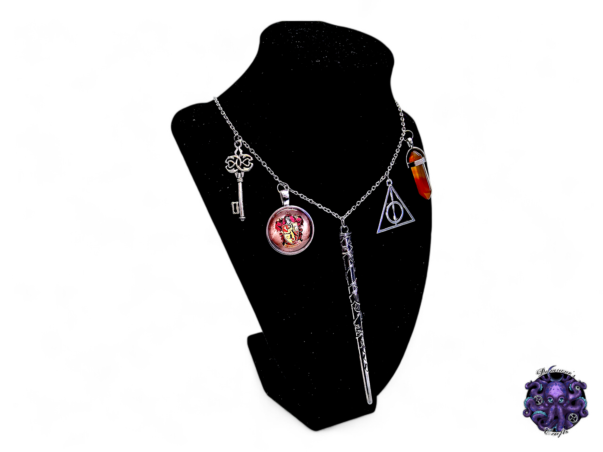 Necklace, silver, chain, red, orange, stone, mode accessory, wand, magic, wizard, witch, key, house