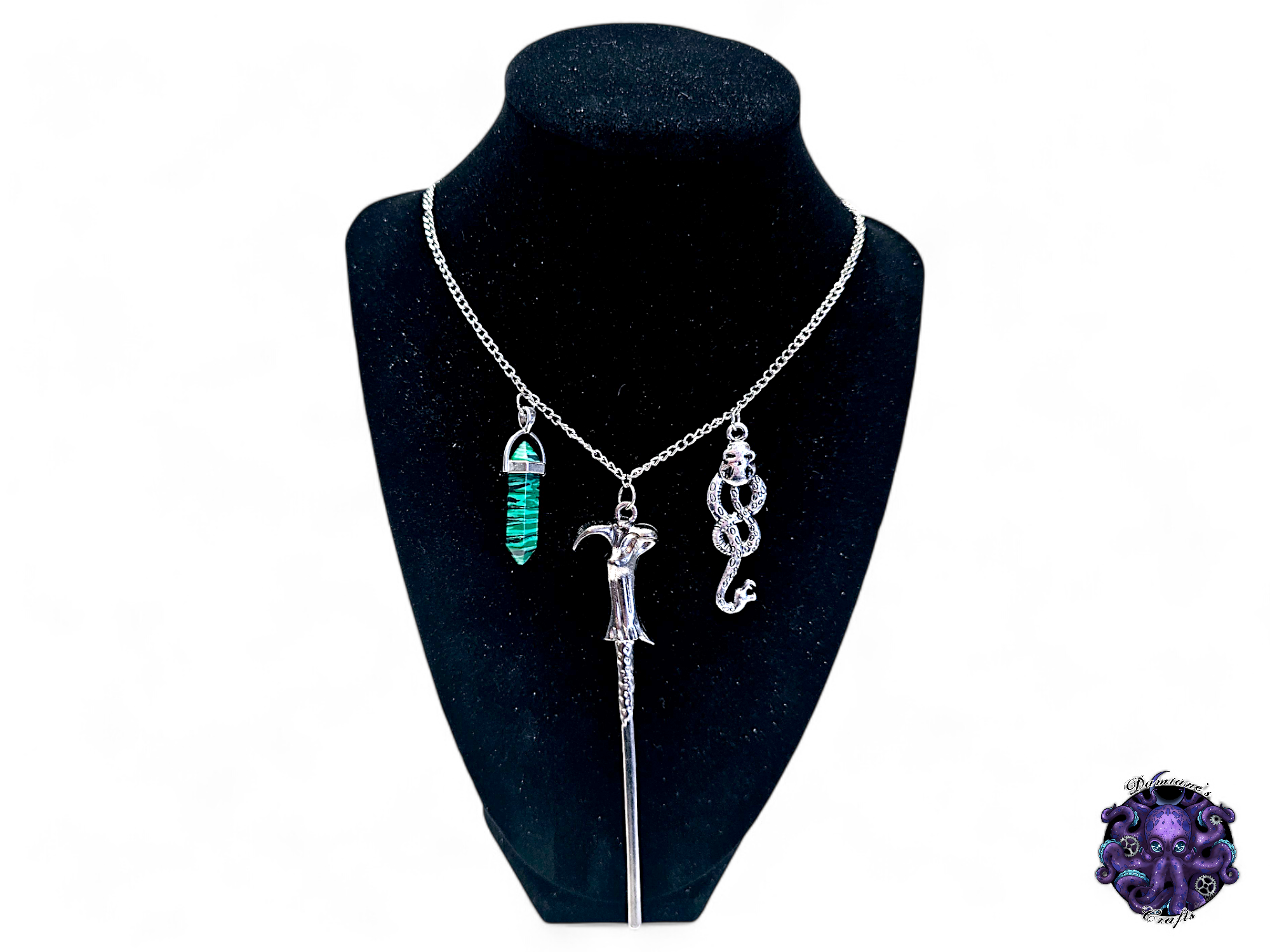 Necklace, silver, chain, green, stone, mode accessory, wand, magic, wizard, witch, key, house