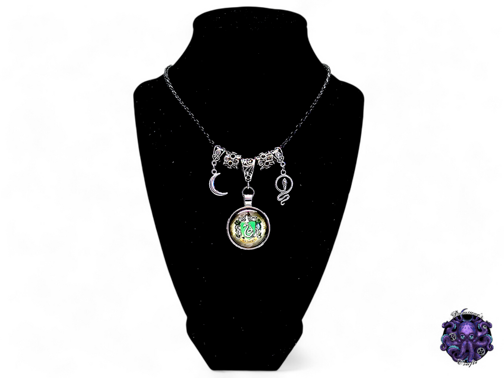 Necklace, pendant, Wizard, Witch, witchy, snake, crescent moon, halloween, gothic, leather cord, gift for her, LARP, costume, silver