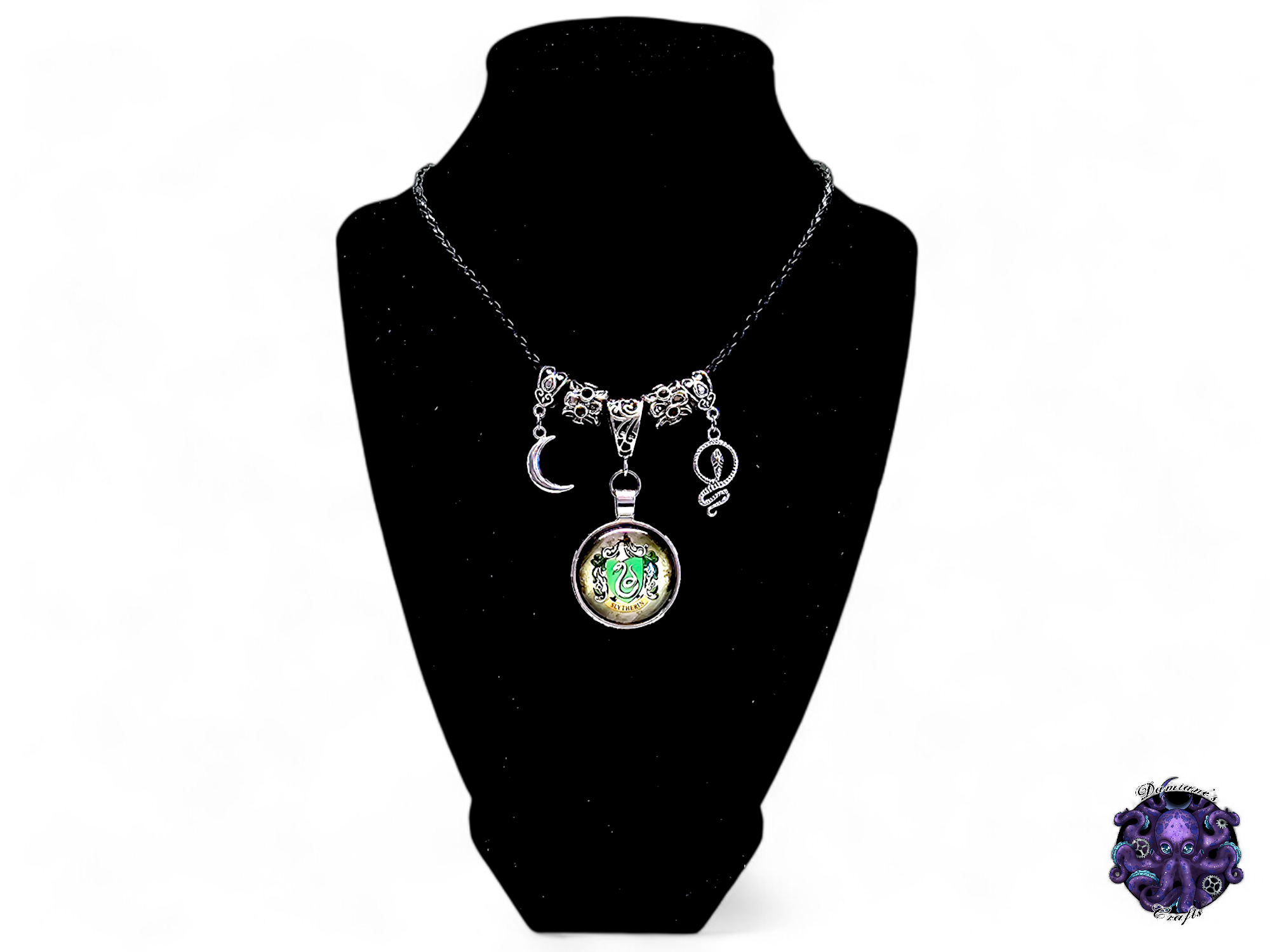 Necklace, pendant, Wizard, Witch, witchy, snake, crescent moon, halloween, gothic, leather cord, gift for her, LARP, costume, silver
