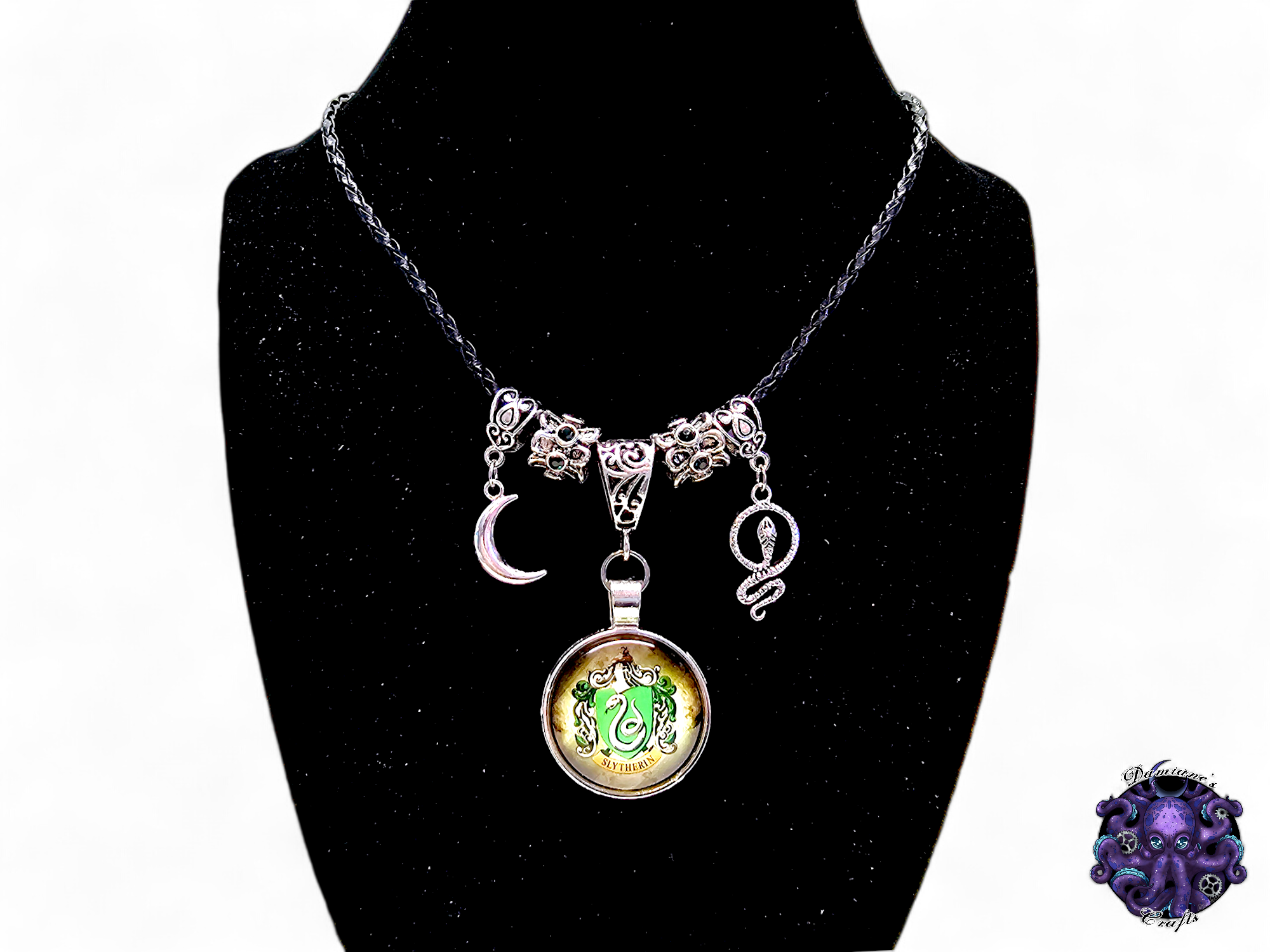 Necklace, pendant, Wizard, Witch, witchy, snake, crescent moon, halloween, gothic, leather cord, gift for her, LARP, costume, silver