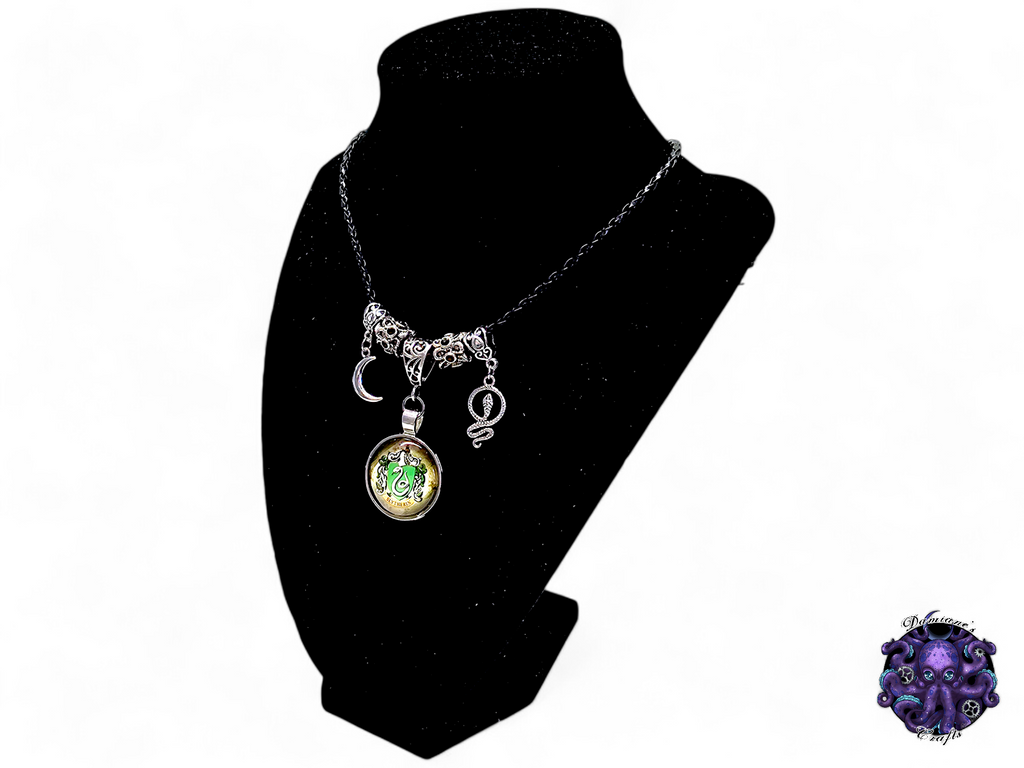 Necklace, pendant, Wizard, Witch, witchy, snake, crescent moon, halloween, gothic, leather cord, gift for her, LARP, costume, silver