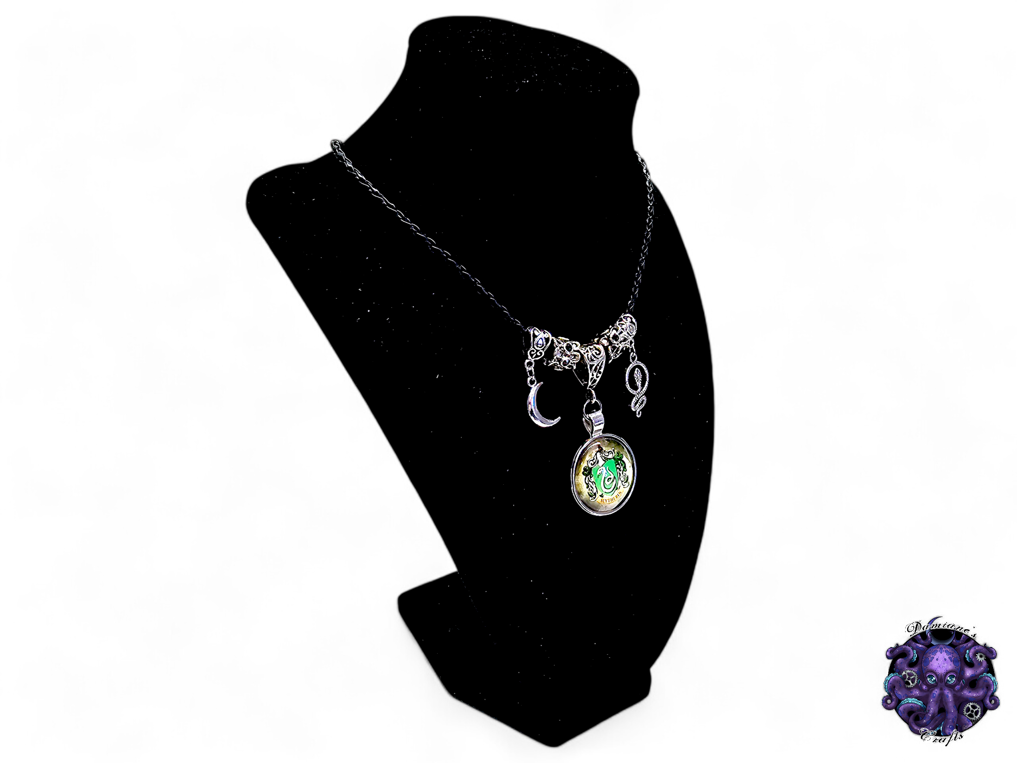 Necklace, pendant, Wizard, Witch, witchy, snake, crescent moon, halloween, gothic, leather cord, gift for her, LARP, costume, silver