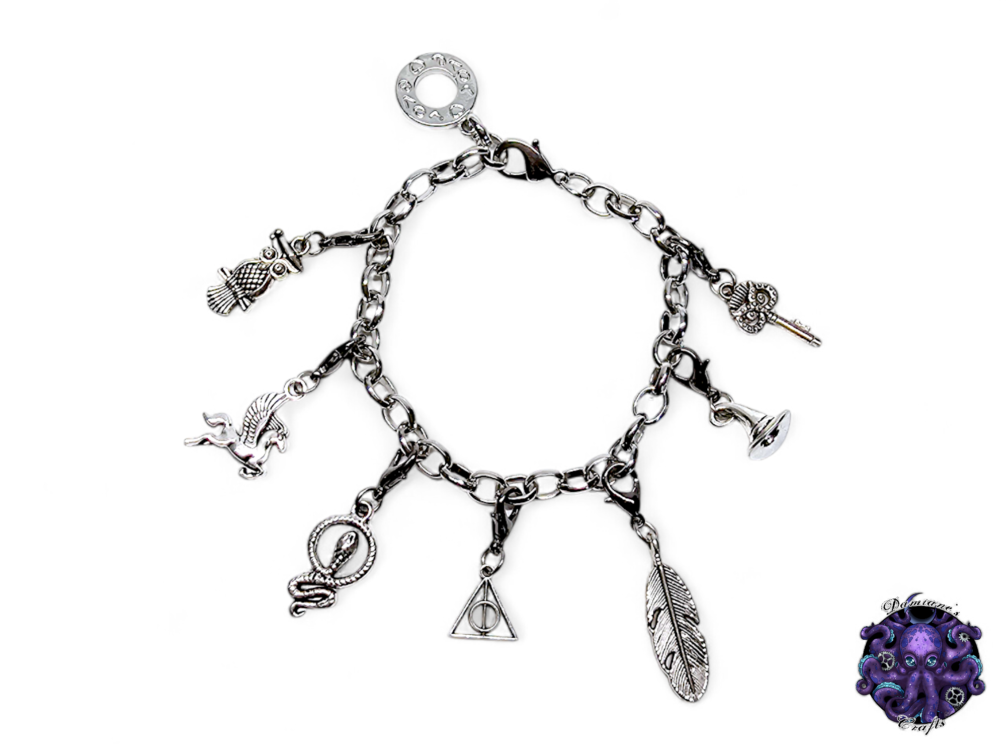 Bracelet, silver, chain, mode accessory, wand, magic, wizard, witch, key, house, owl, snake, hat