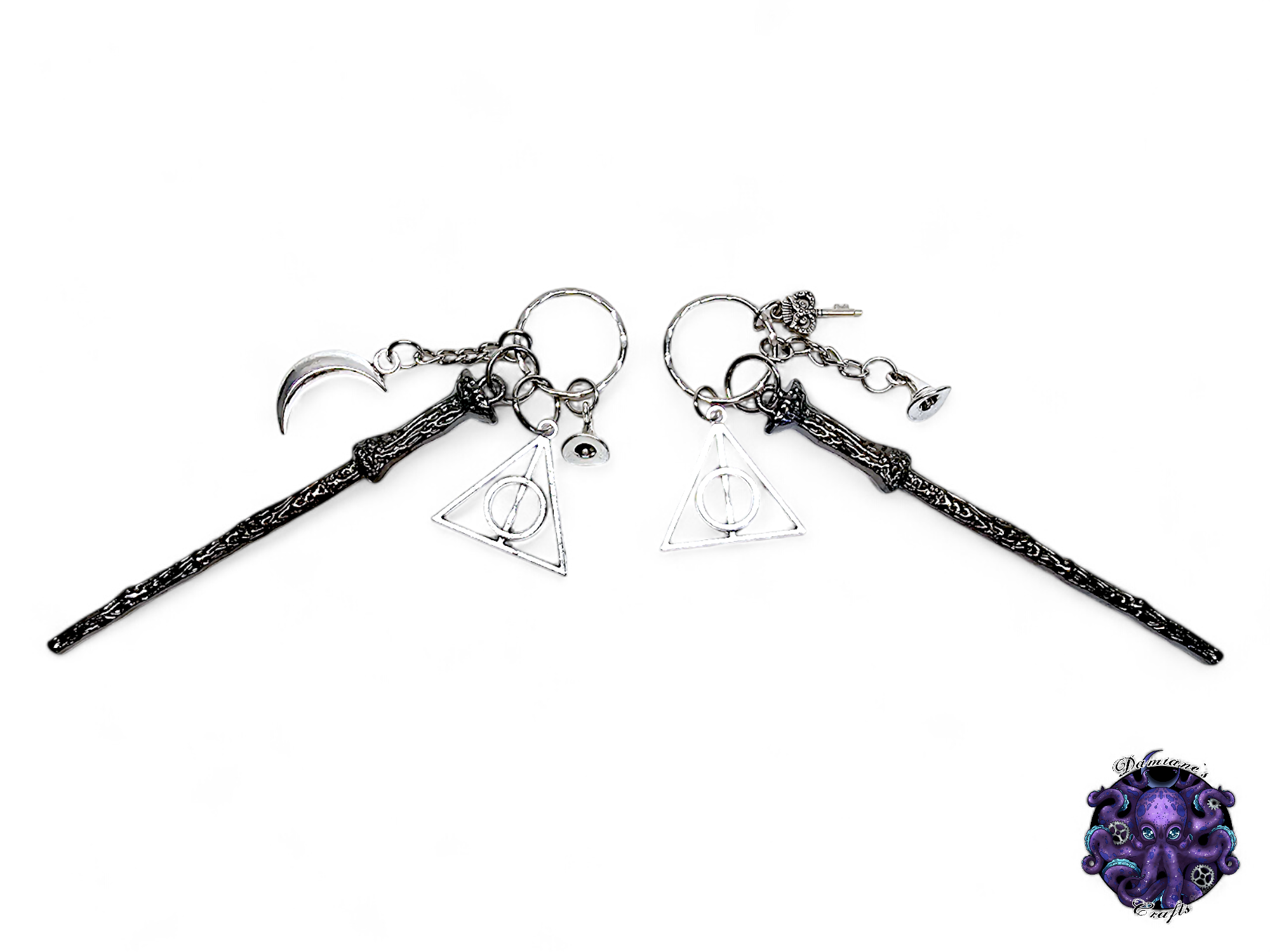 Keychain, Wand, Hat, Key, Owl, Wizard, Witch, witchy, halloween, gothic, leather cord, gift for her, gift for him, LARP, costume, silver