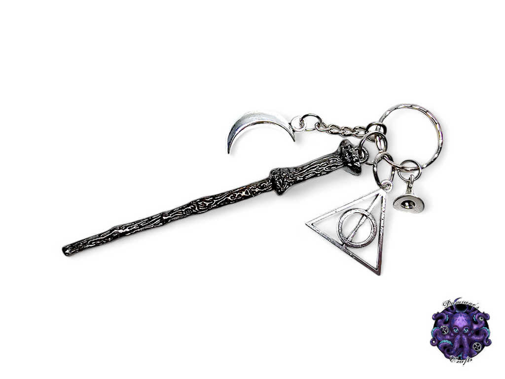 Keychain, Wand, Hat, Crescent moon, Wizard, Witch, witchy, halloween, gothic, leather cord, gift for her, gift for him, LARP, costume, silver