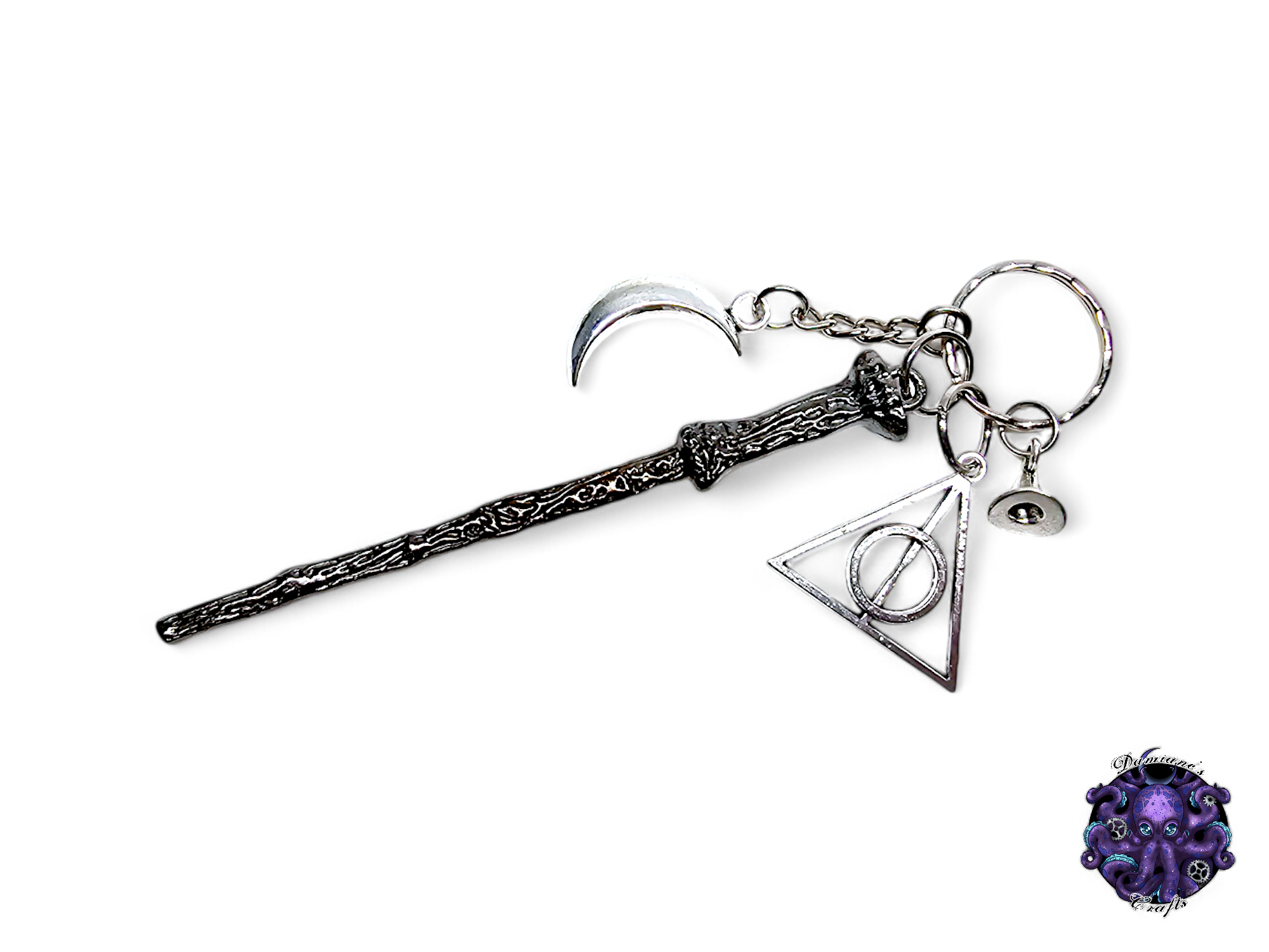 Keychain, Wand, Hat, Crescent moon, Wizard, Witch, witchy, halloween, gothic, leather cord, gift for her, gift for him, LARP, costume, silver