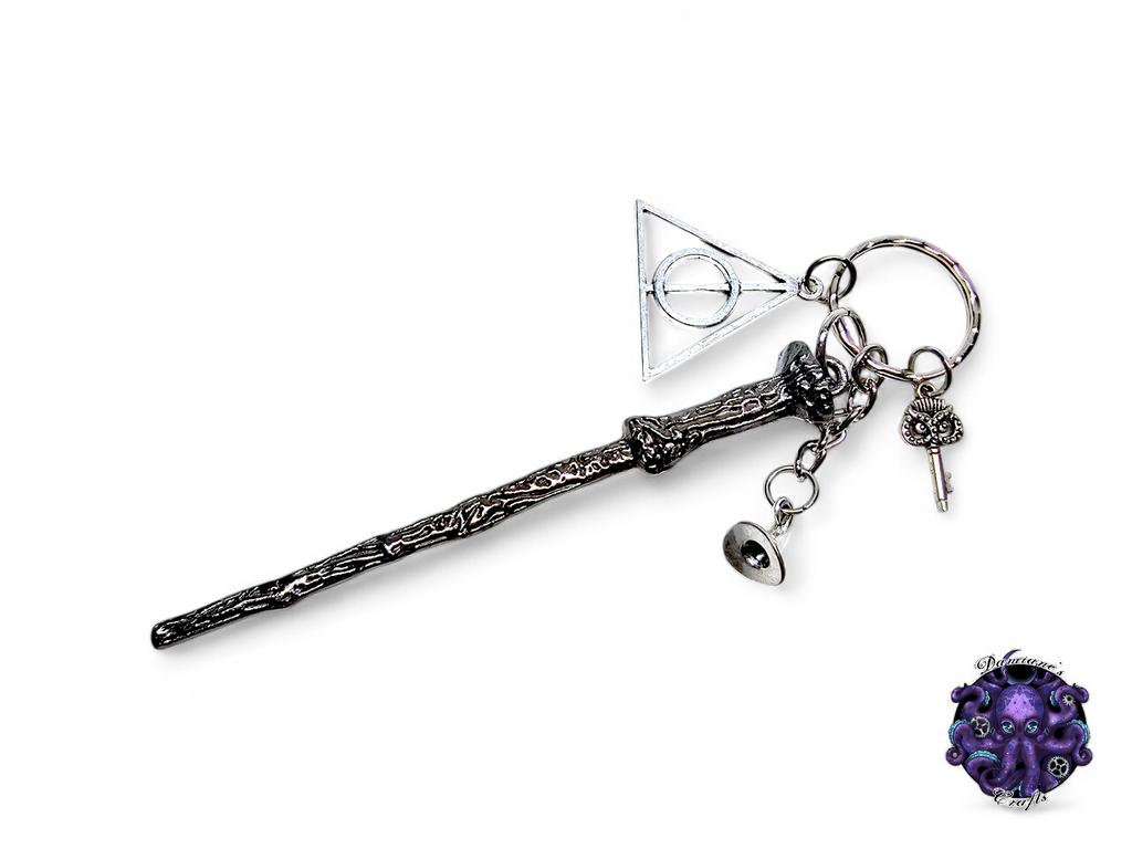 Llavero, varita, sombrero, llave, búho, mago, bruja, brujería, Halloween, gótico, cordón de cuero, regalo para ella, regalo para él, LARP, disfraz, plata