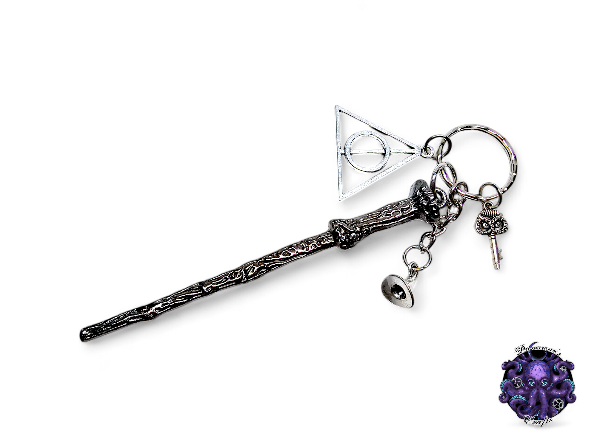 Keychain, Wand, Hat, Key, Owl, Wizard, Witch, witchy, halloween, gothic, leather cord, gift for her, gift for him, LARP, costume, silver
