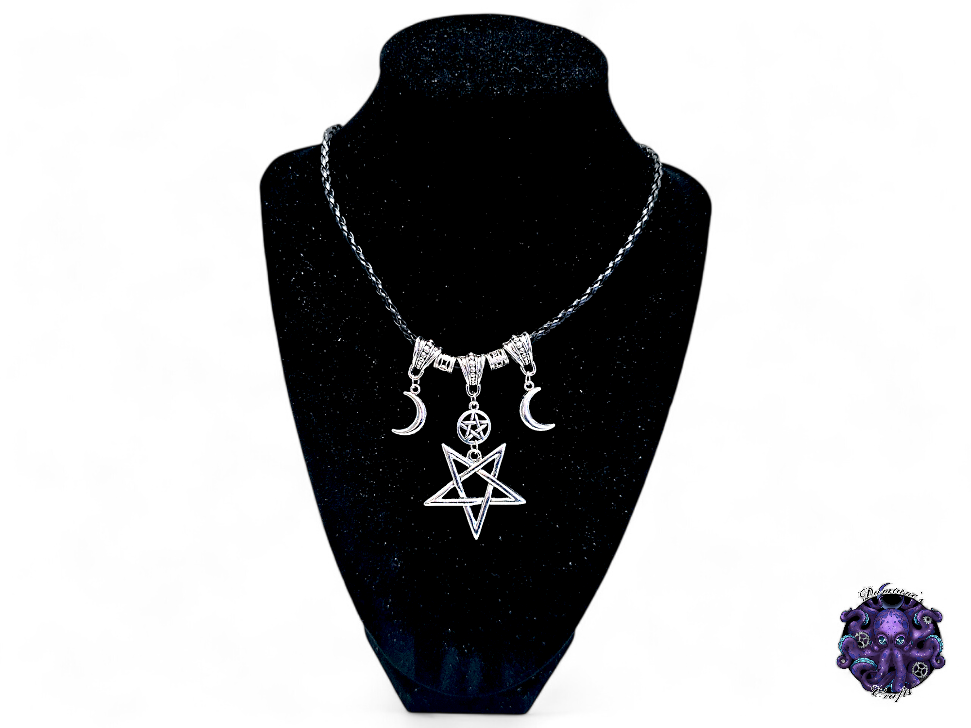 Necklace, pendant, pentagram, pentacle, crescent moon, witch, witchy, halloween, gothic, leather cord, gift for her, LARP, costume, silver
