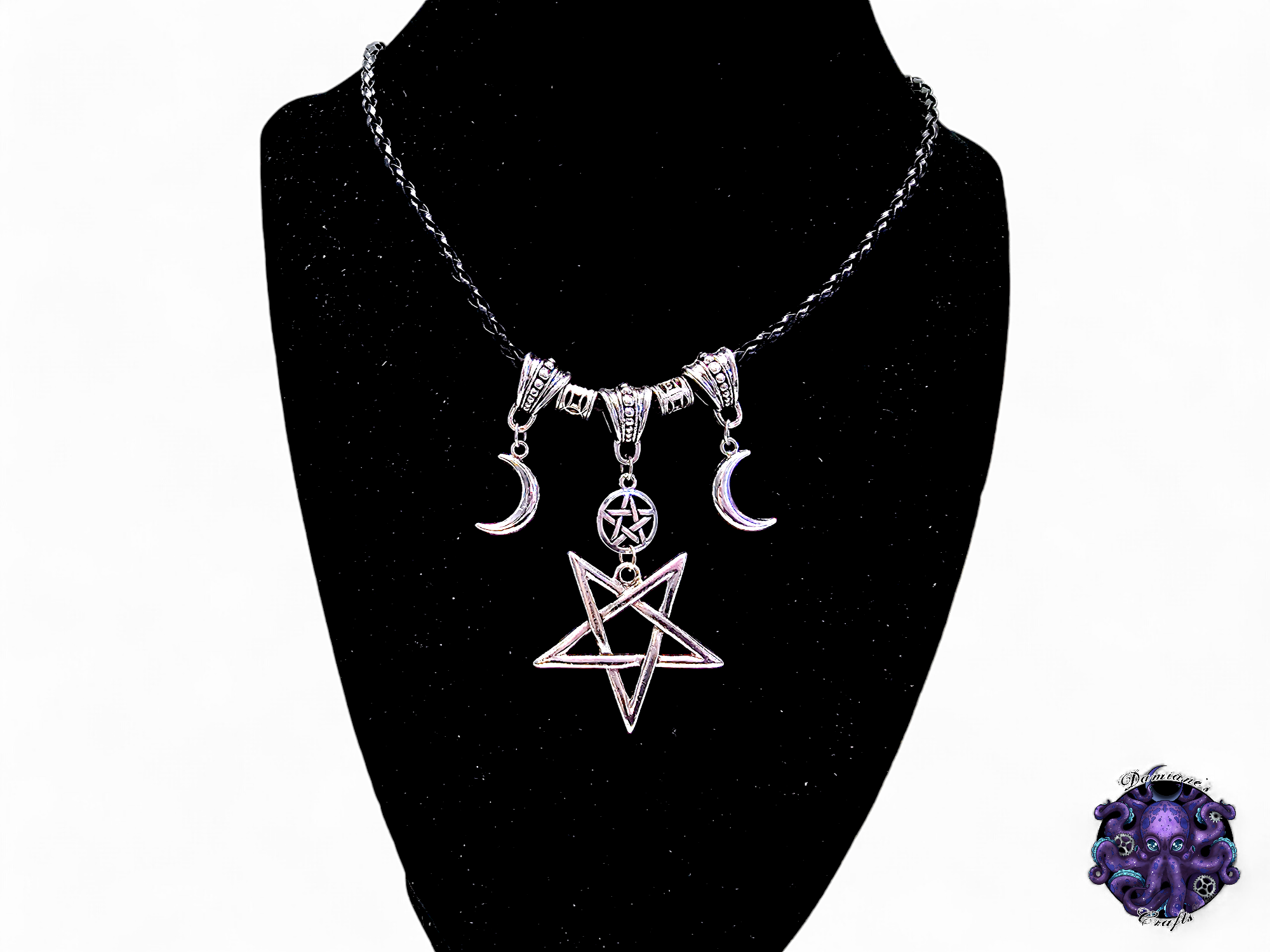 Necklace, pendant, pentagram, pentacle, crescent moon, witch, witchy, halloween, gothic, leather cord, gift for her, LARP, costume, silver