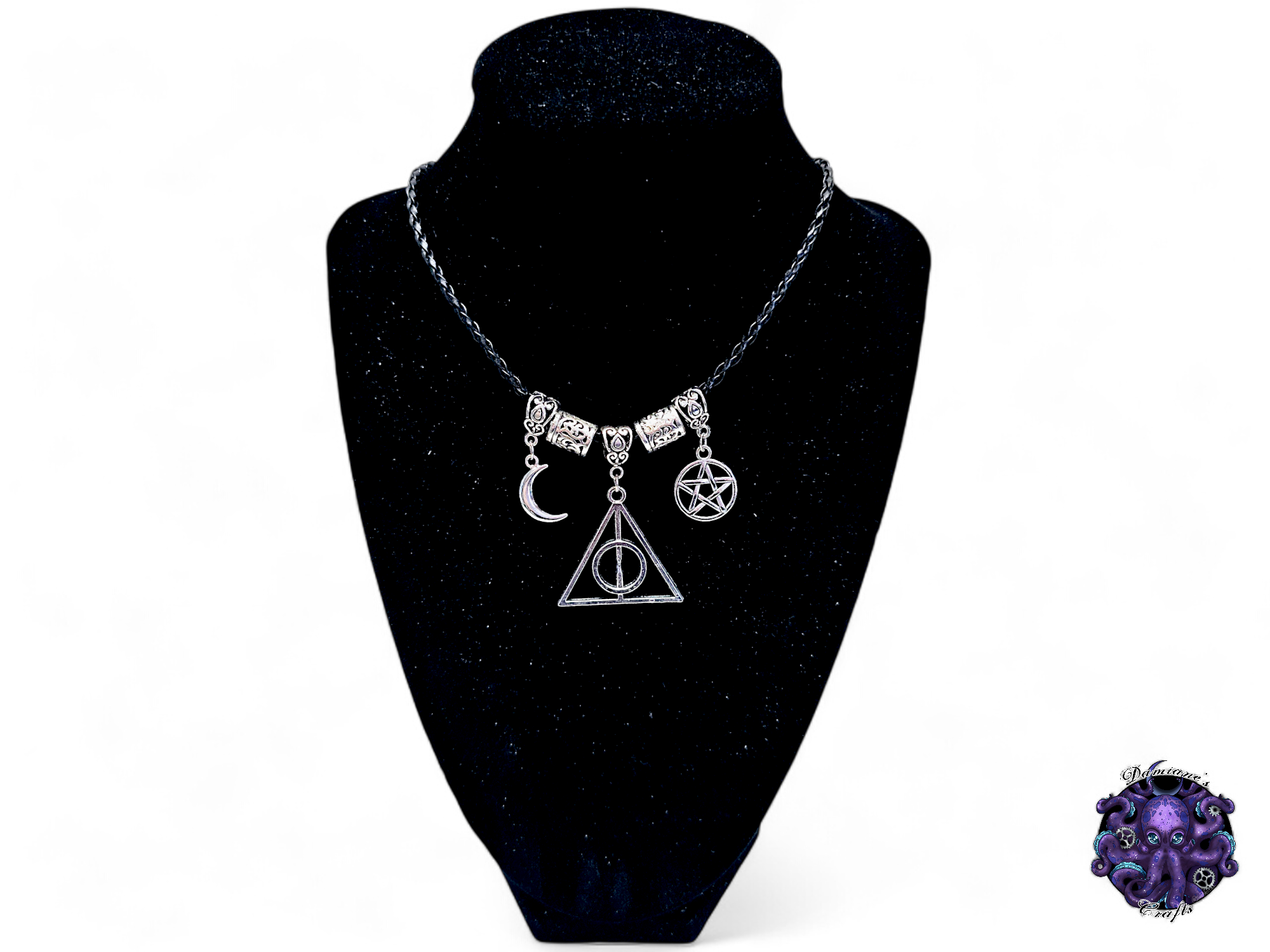 Necklace, pendant, pentagram, pentacle, Crescent moon, witch, witchy, halloween, gothic, leather cord, gift for her, LARP, costume, silver