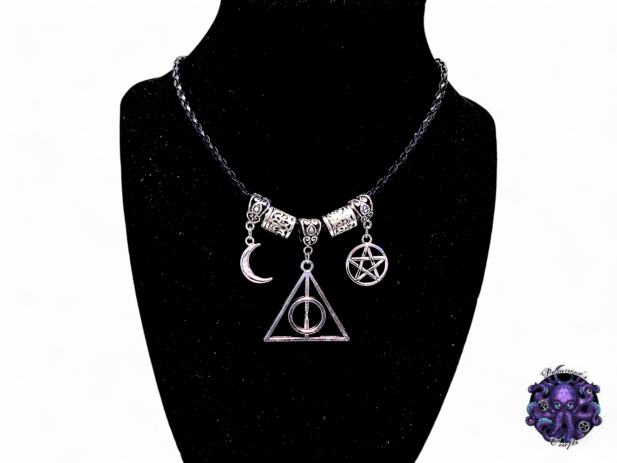 Necklace, pendant, pentagram, pentacle, Crescent moon, witch, witchy, halloween, gothic, leather cord, gift for her, LARP, costume, silver