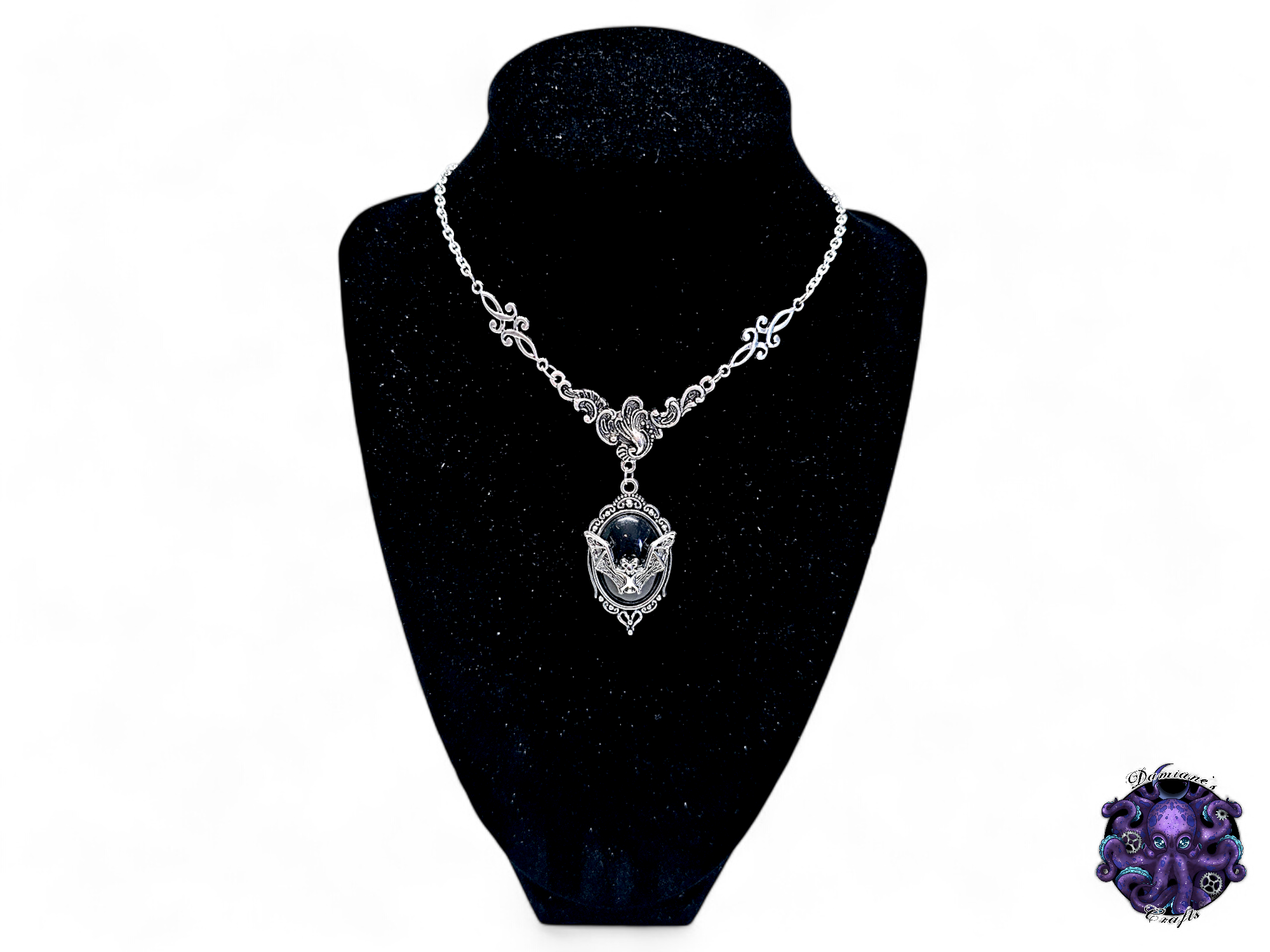 Necklace, silver, chain, bat, vampire, victorian, gothic, black, floral