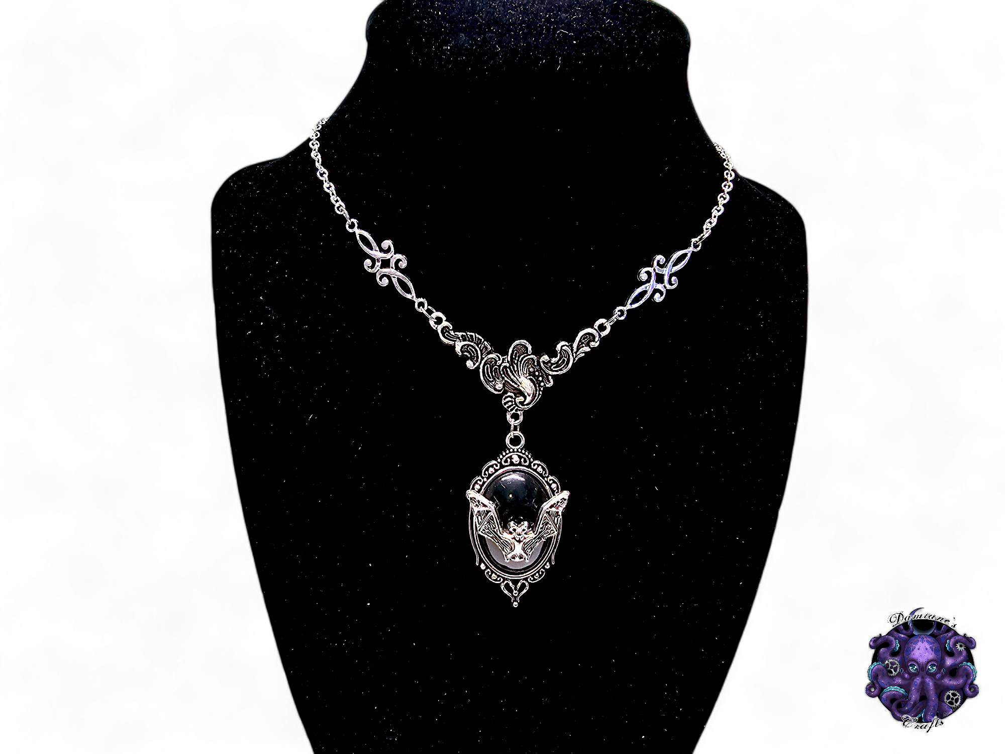Necklace, silver, chain, bat, vampire, victorian, gothic, black, floral