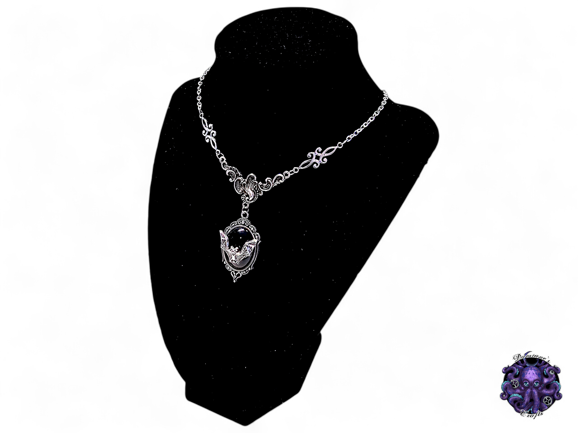 Collier, argent, chaîne, chauve-souris, vampire, victorien, gothique, noir, floral