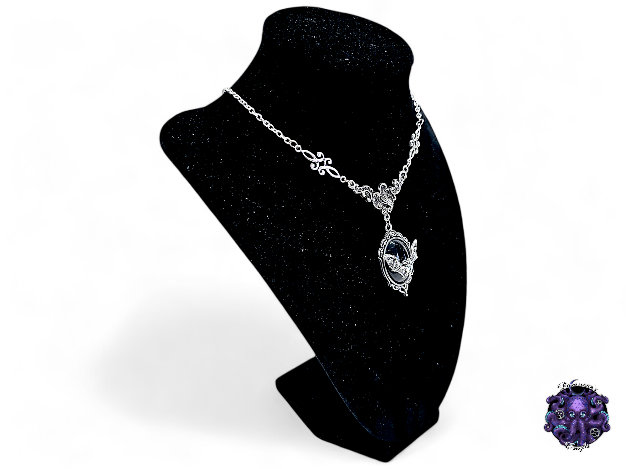 Collier, argent, chaîne, chauve-souris, vampire, victorien, gothique, noir, floral
