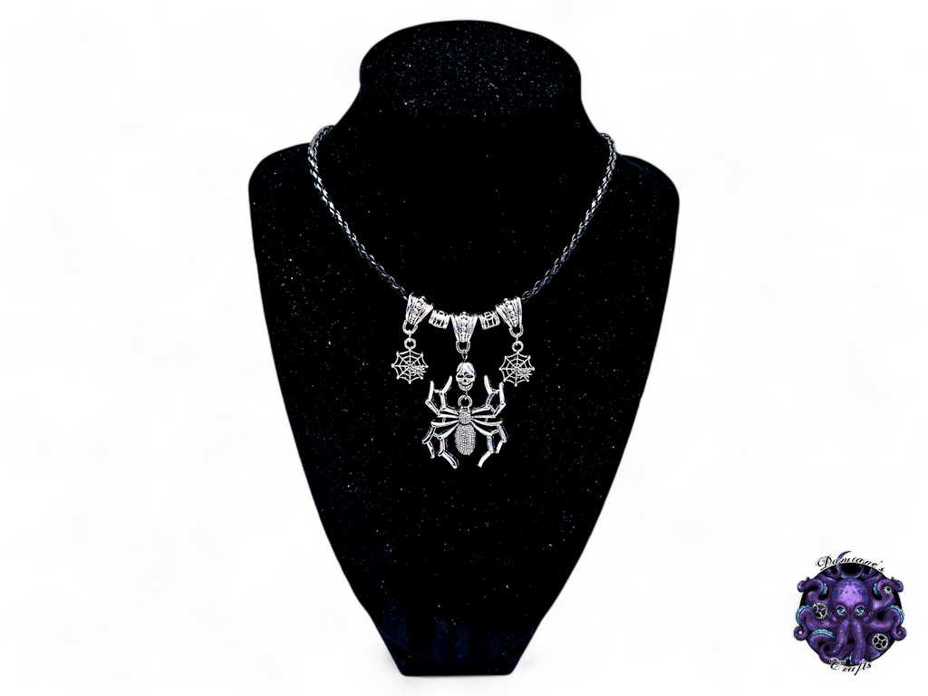Necklace, pendant, spider, spiderweb, web, witch, witchy, halloween, gothic, leather cord, gift for her, LARP, costume, silver