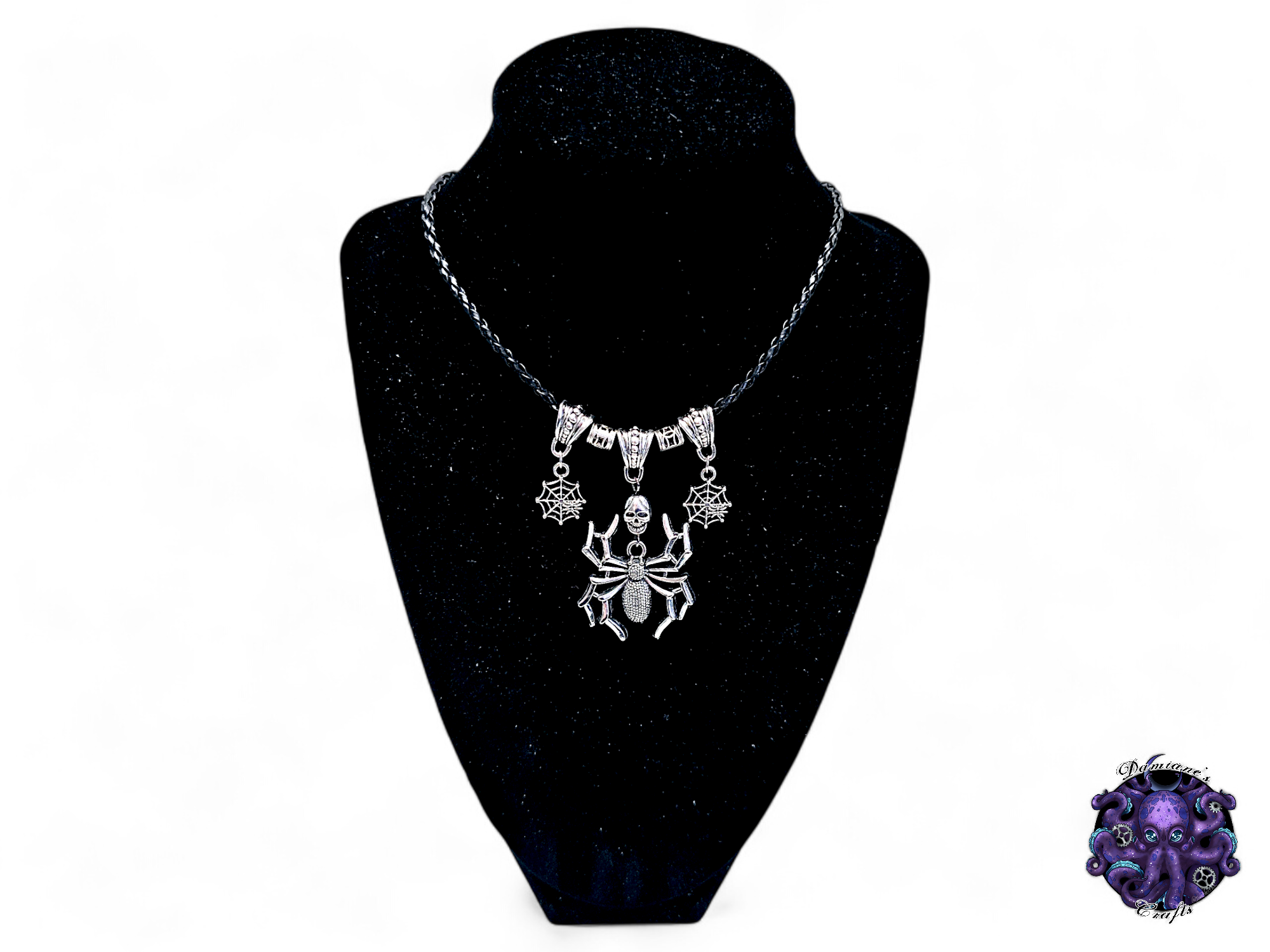 Necklace, pendant, spider, spiderweb, web, witch, witchy, halloween, gothic, leather cord, gift for her, LARP, costume, silver