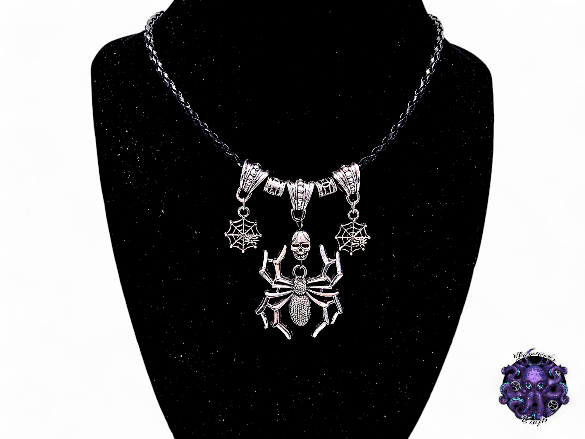 Necklace, pendant, spider, spiderweb, web, witch, witchy, halloween, gothic, leather cord, gift for her, LARP, costume, silver