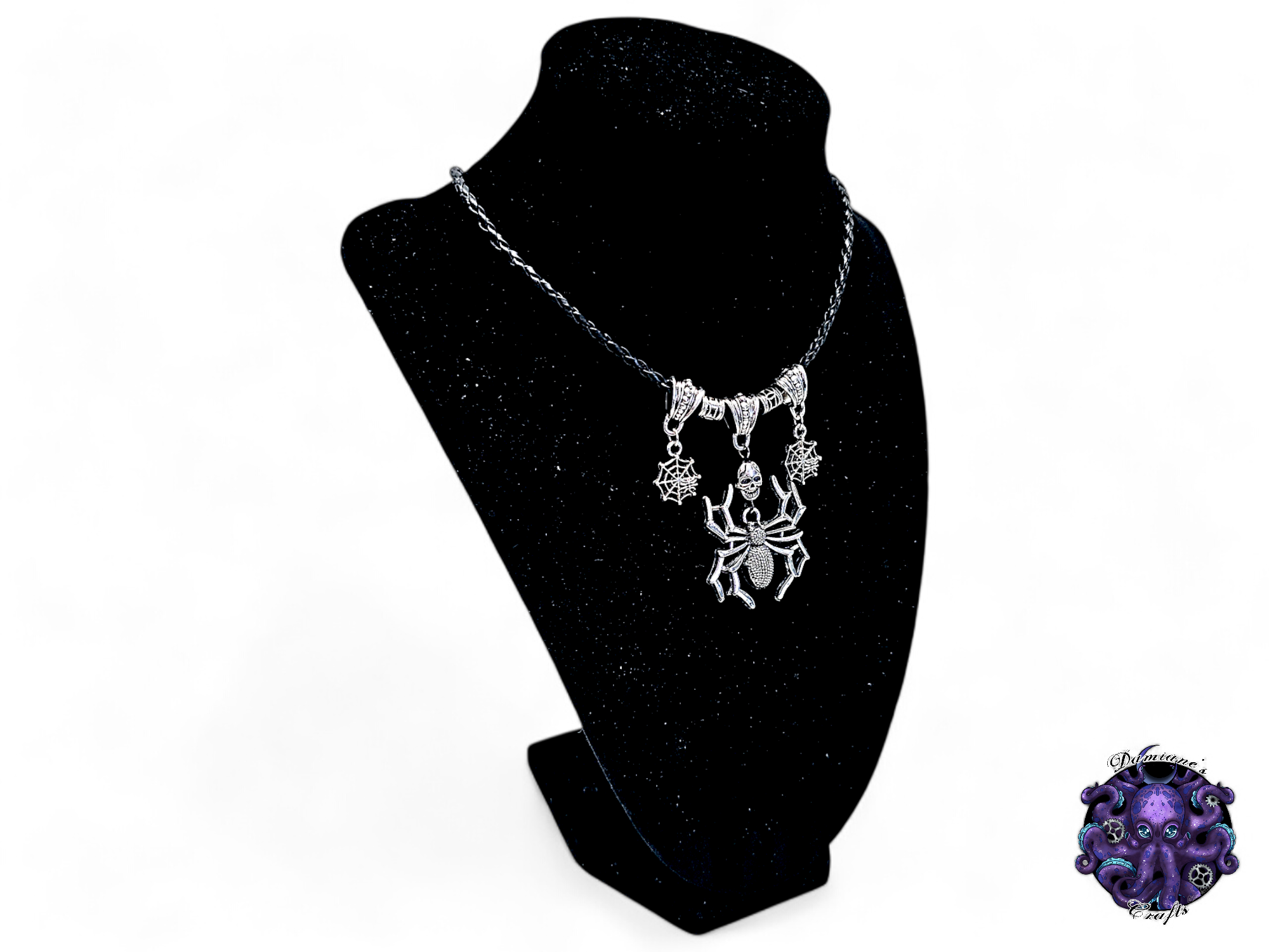 Necklace, pendant, spider, spiderweb, web, witch, witchy, halloween, gothic, leather cord, gift for her, LARP, costume, silver
