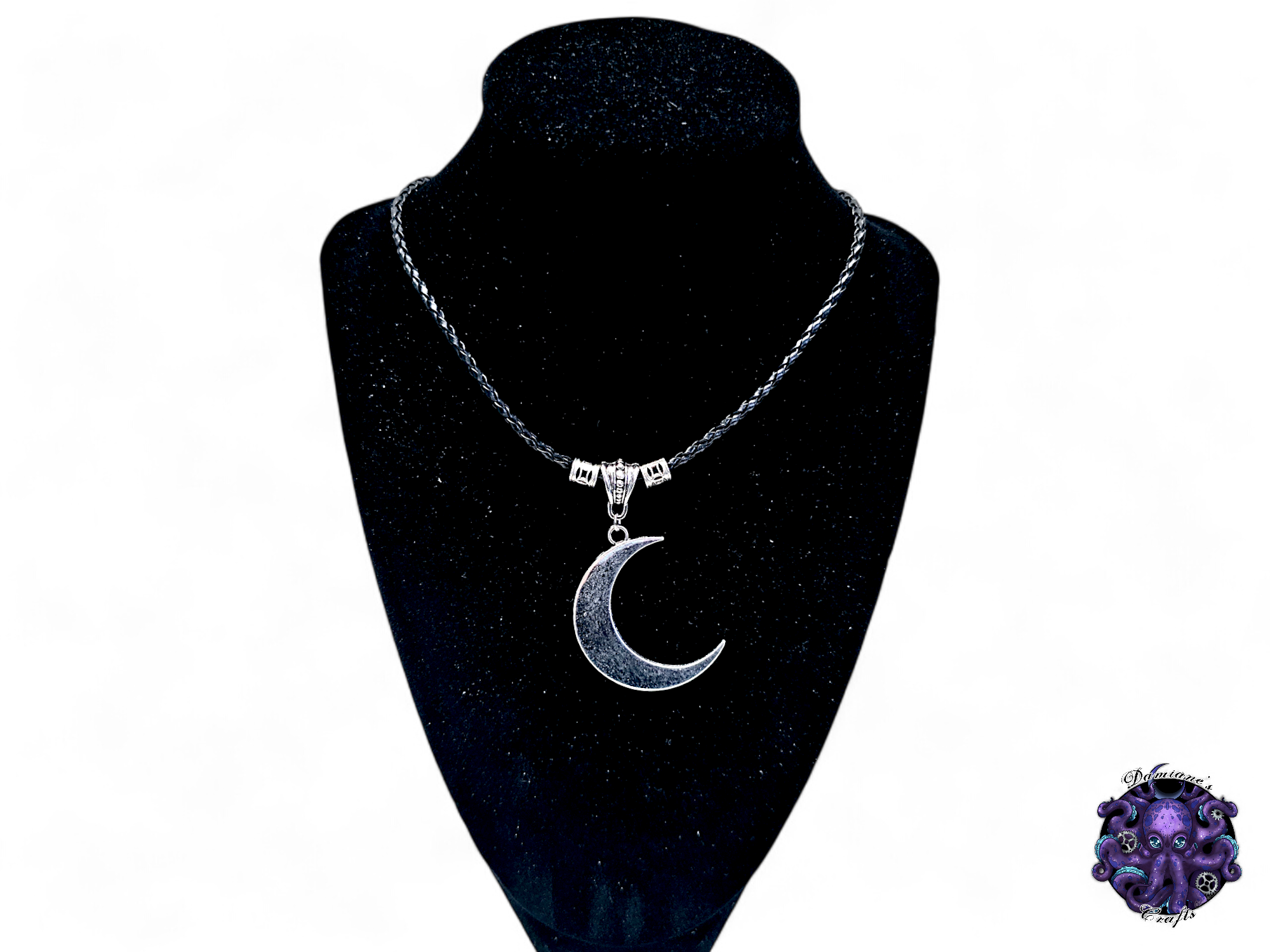 Necklace, pendant, Crescent moon, witch, witchy, leather cord, gift for him, LARP, costume, silver