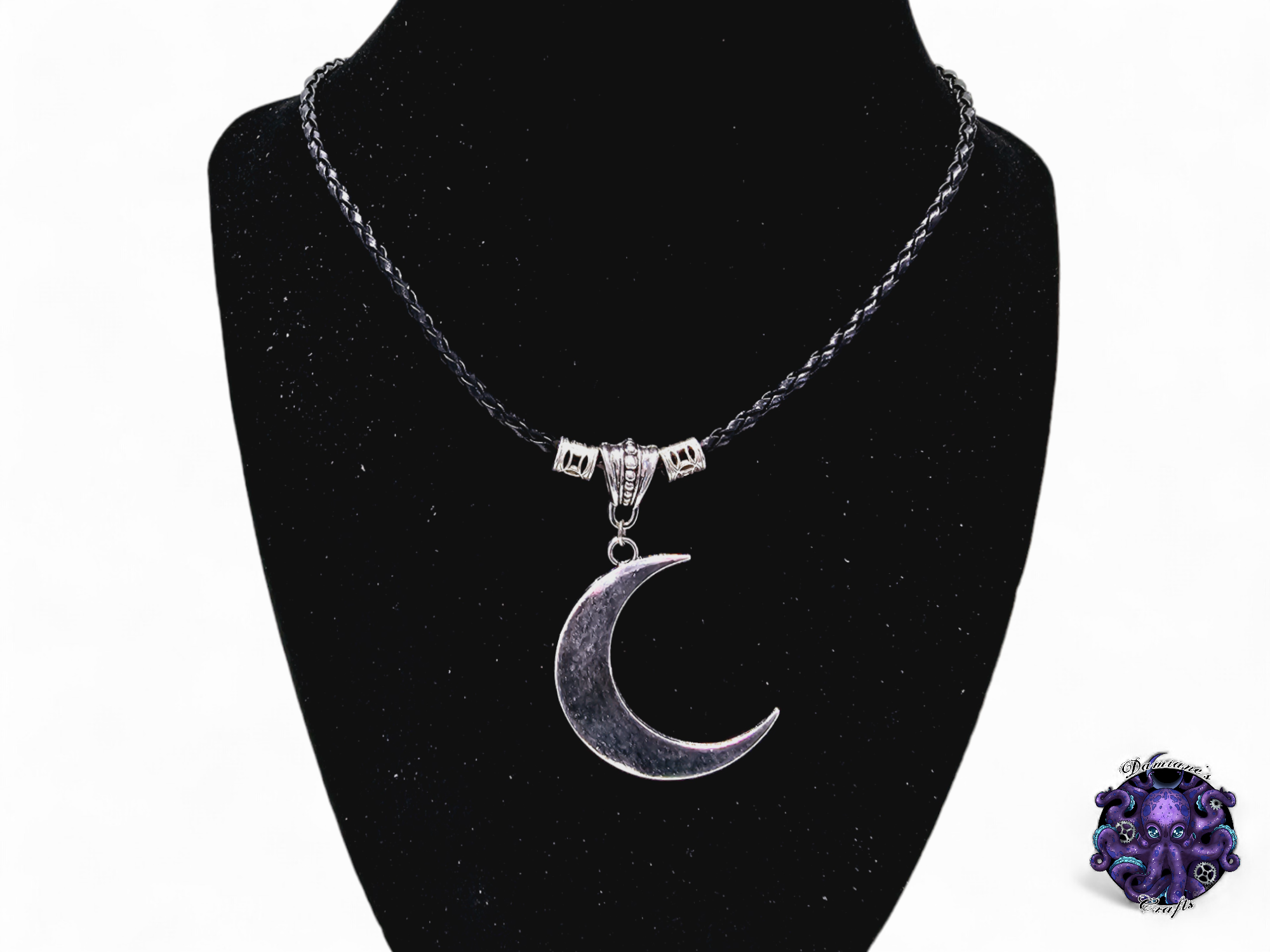Necklace, pendant, Crescent moon, witch, witchy, leather cord, gift for him, LARP, costume, silver