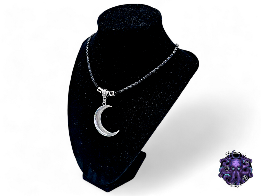 Collier, pendentif, croissant de lune, sorcière, ambiance sorcière, cordon en cuir, cadeau pour lui, GN, costume, argent