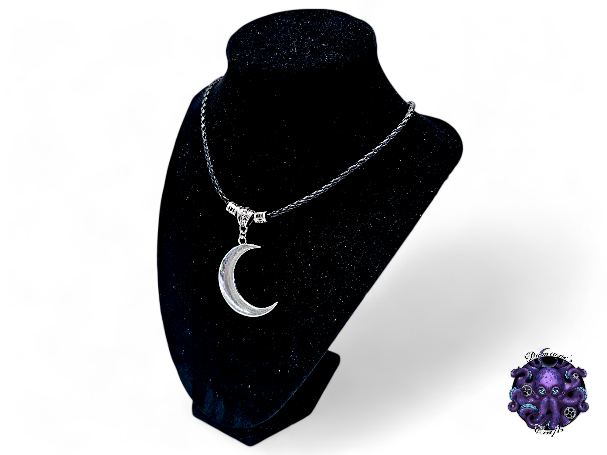 Collier, pendentif, croissant de lune, sorcière, ambiance sorcière, cordon en cuir, cadeau pour lui, GN, costume, argent