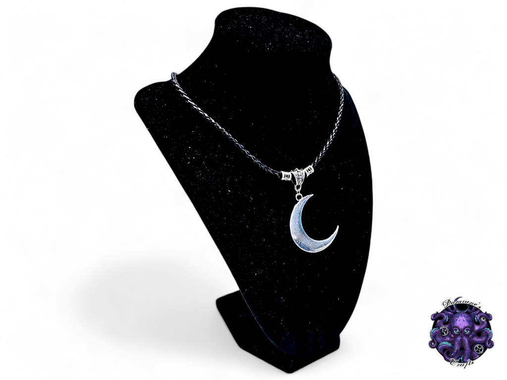 Collier, pendentif, croissant de lune, sorcière, ambiance sorcière, cordon en cuir, cadeau pour lui, GN, costume, argent