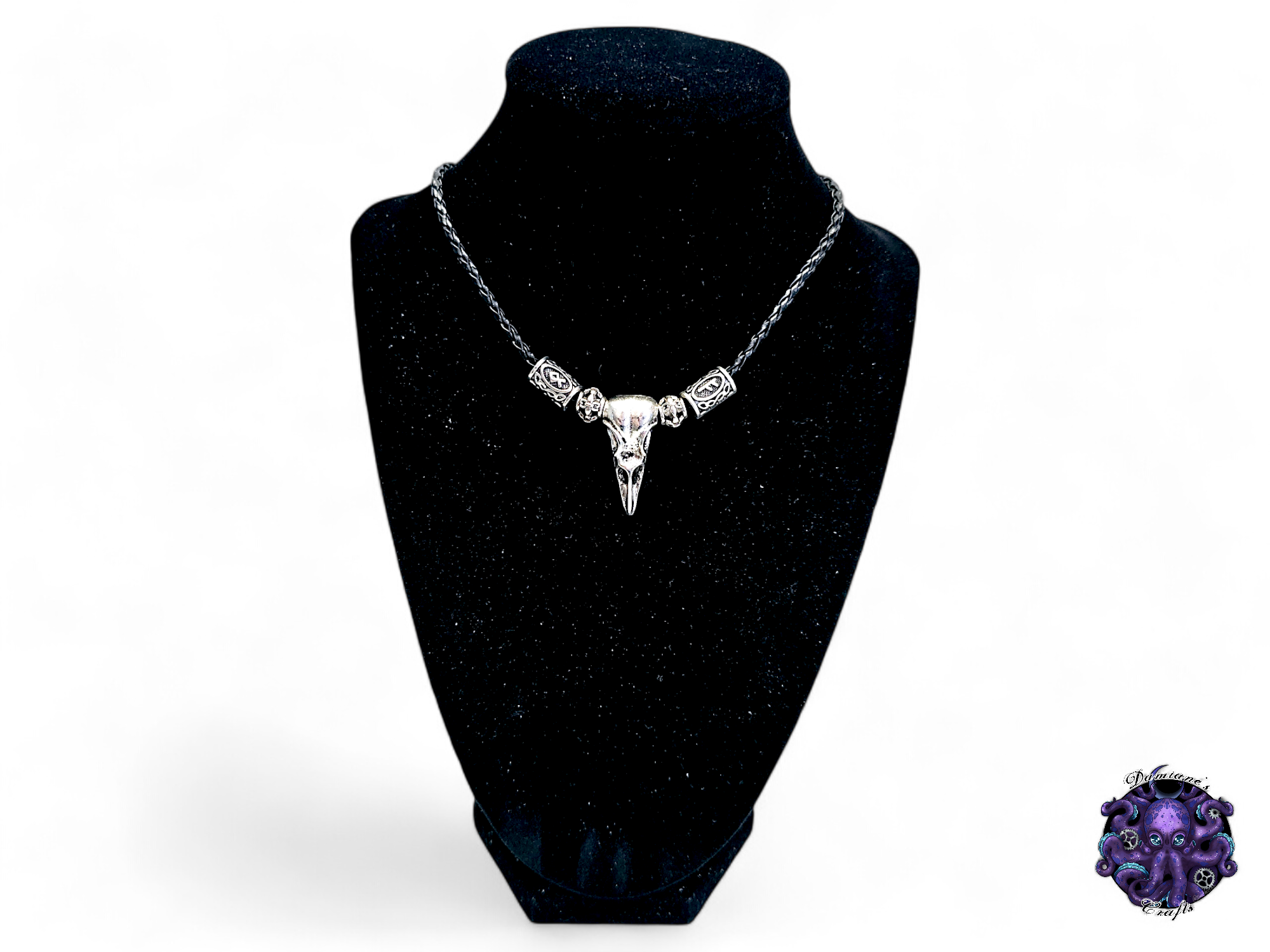 Necklace, pendant, Raven, Crow, skull, rune, viking, witch, witchy, leather cord, gift for her, LARP, costume, silver