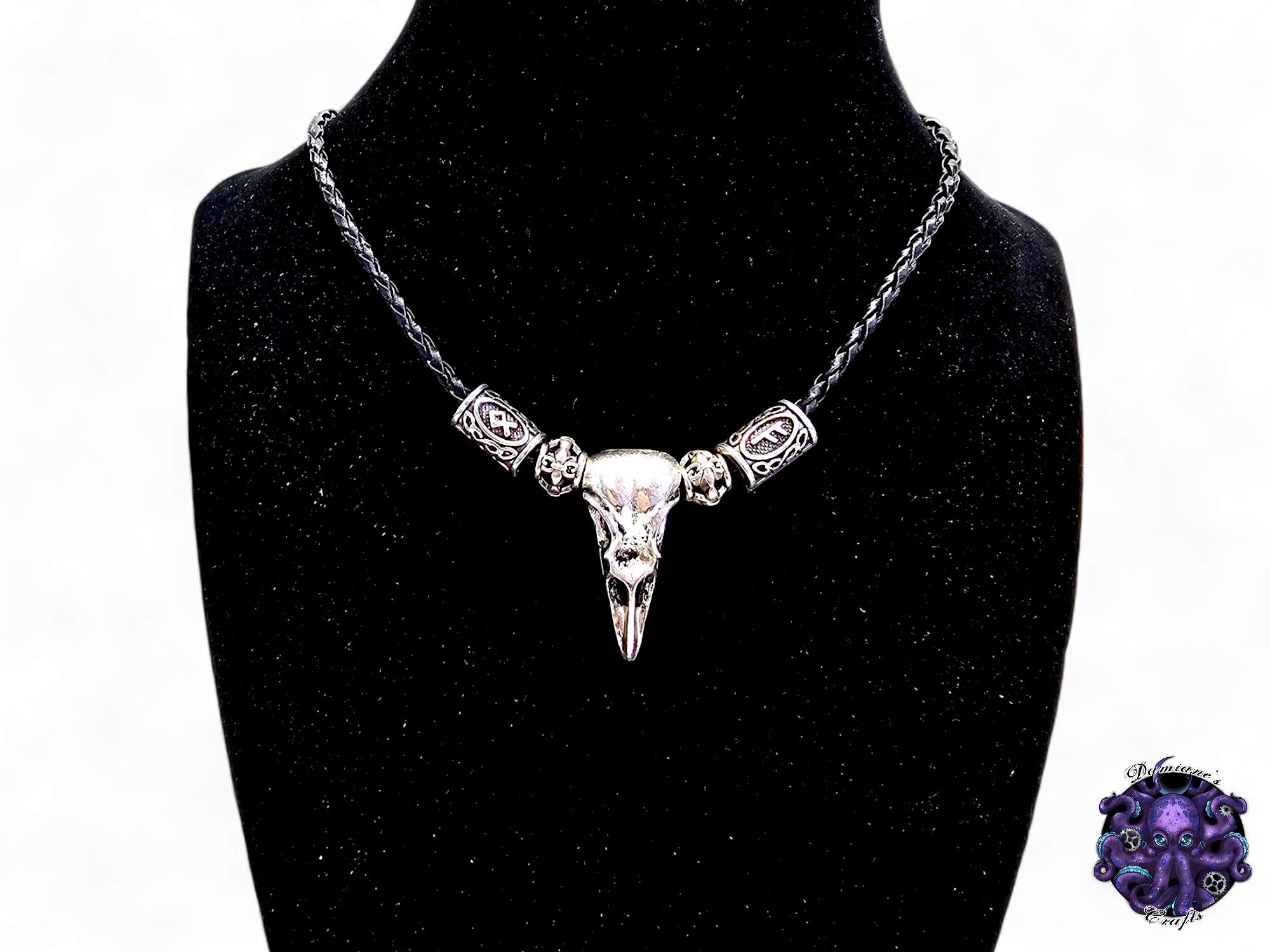 Necklace, pendant, Raven, Crow, skull, rune, viking, witch, witchy, leather cord, gift for her, LARP, costume, silver
