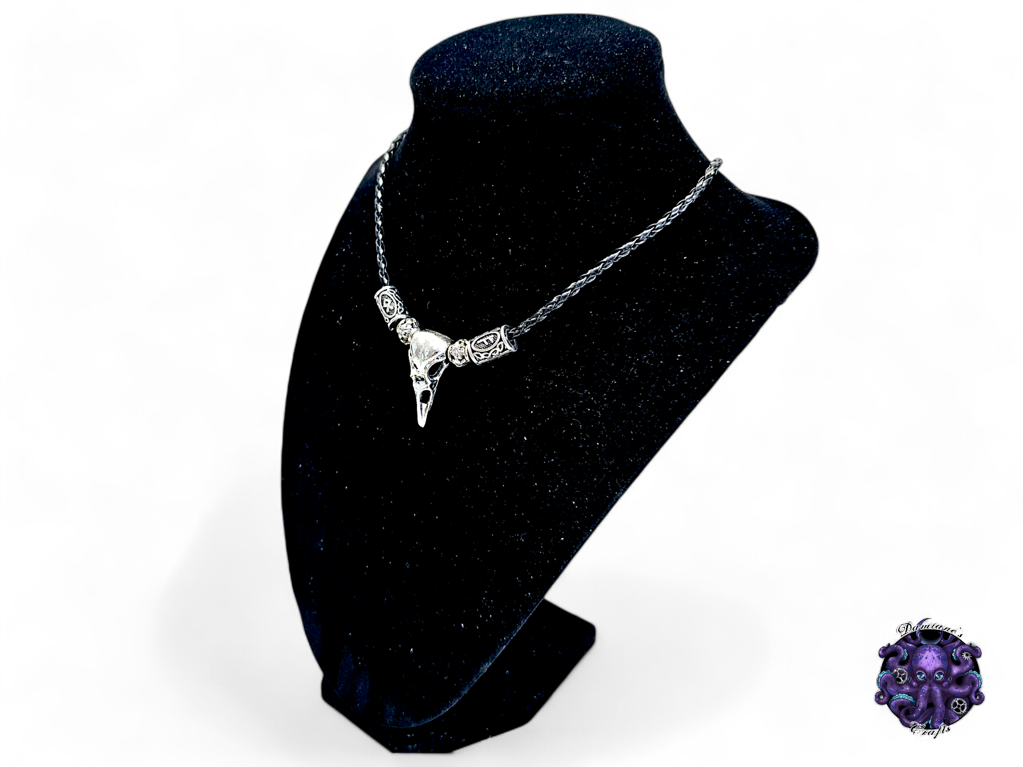 Necklace, pendant, Raven, Crow, skull, rune, viking, witch, witchy, leather cord, gift for her, LARP, costume, silver