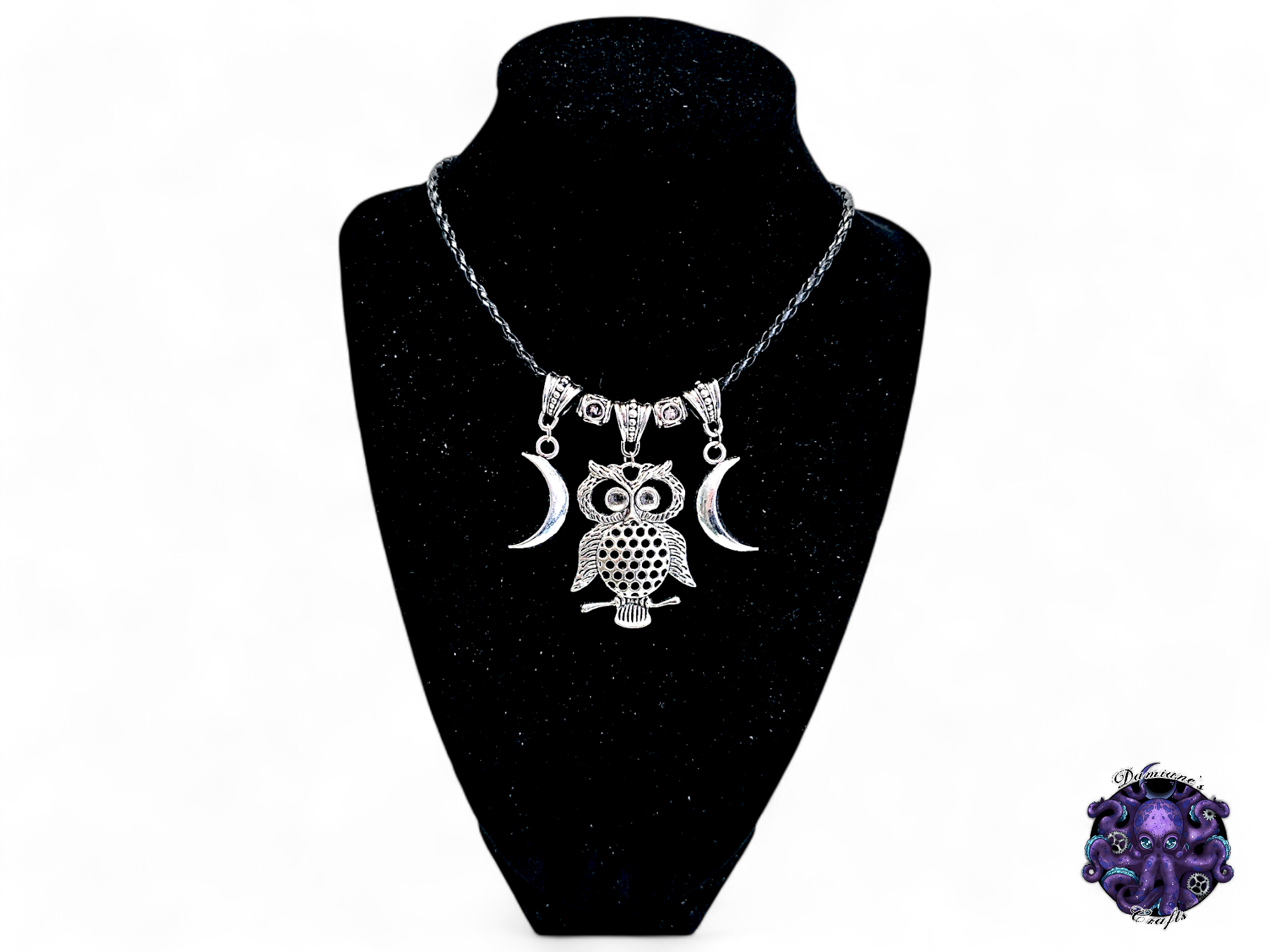 Necklace, pendant, Owl, Crescent moon, witch, witchy, halloween, gothic, leather cord, gift for her, LARP, costume, silver