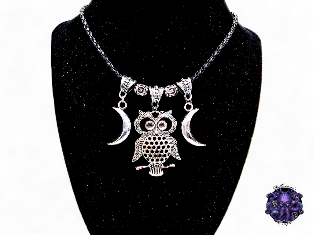 Necklace, pendant, Owl, Crescent moon, witch, witchy, halloween, gothic, leather cord, gift for her, LARP, costume, silver