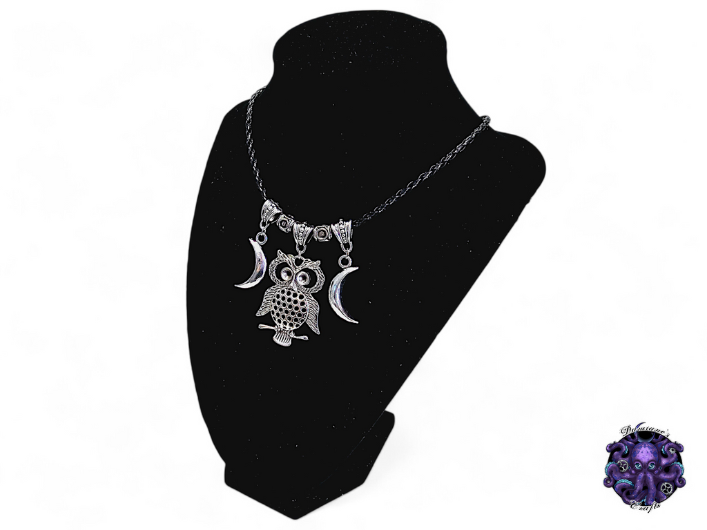 Necklace, pendant, Owl, Crescent moon, witch, witchy, halloween, gothic, leather cord, gift for her, LARP, costume, silver