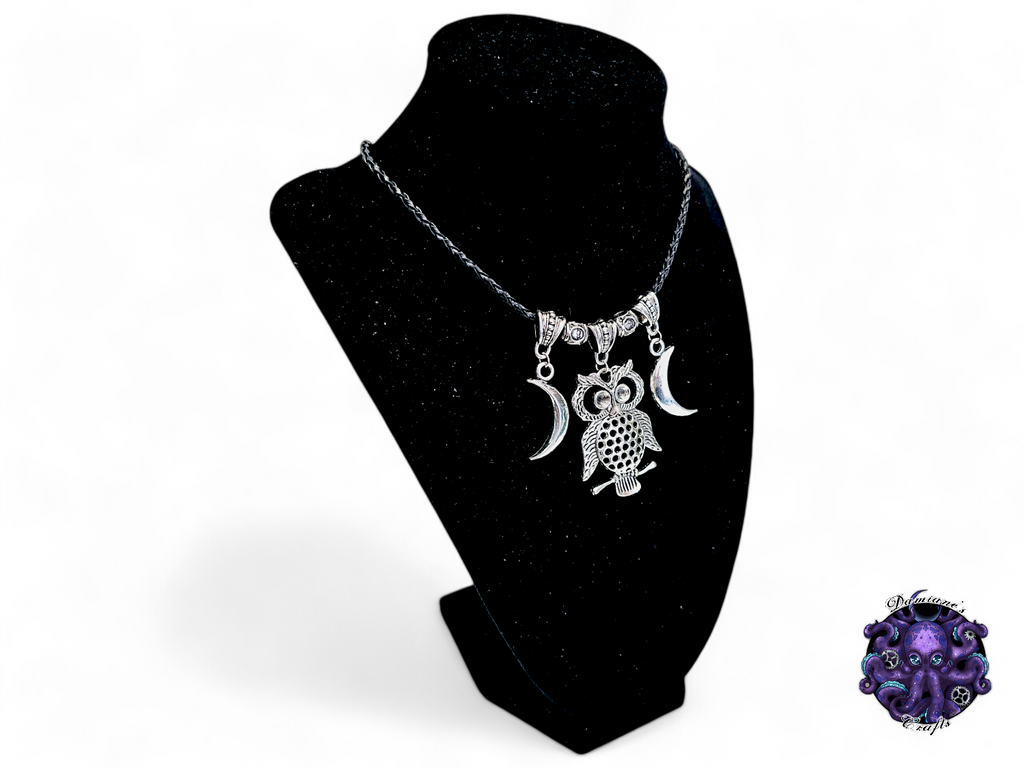 Necklace, pendant, Owl, Crescent moon, witch, witchy, halloween, gothic, leather cord, gift for her, LARP, costume, silver