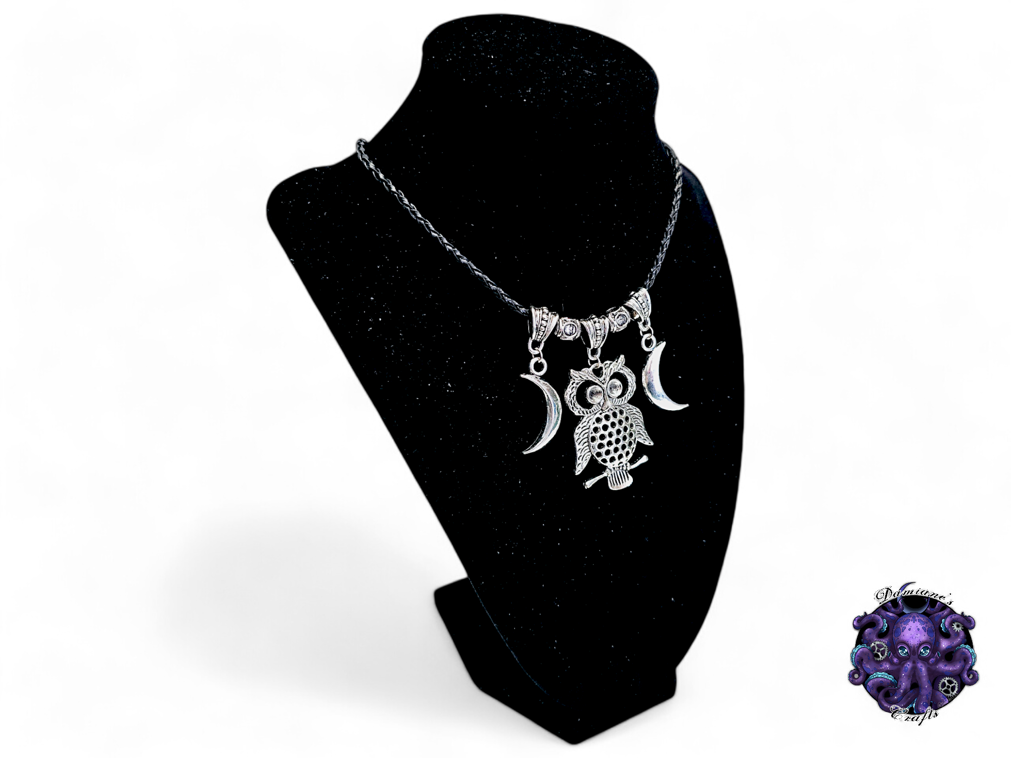 Necklace, pendant, Owl, Crescent moon, witch, witchy, halloween, gothic, leather cord, gift for her, LARP, costume, silver