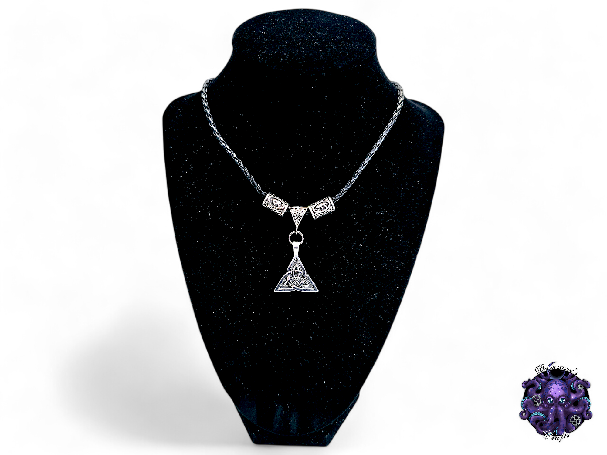 Necklace, pendant, triketra, celtic knot, rune, viking, witch, witchy, leather cord, gift for her, LARP, costume, silver