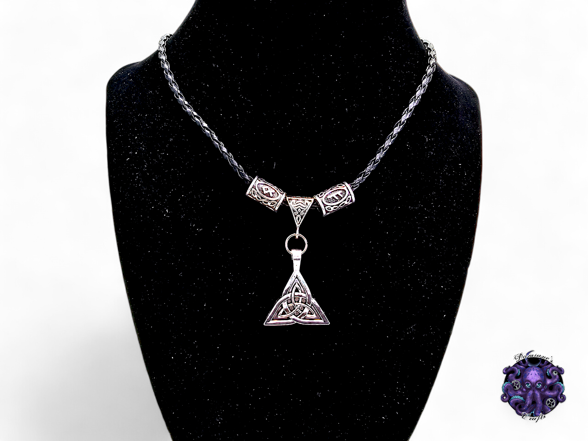 Necklace, pendant, triketra, celtic knot, rune, viking, witch, witchy, leather cord, gift for her, LARP, costume, silver