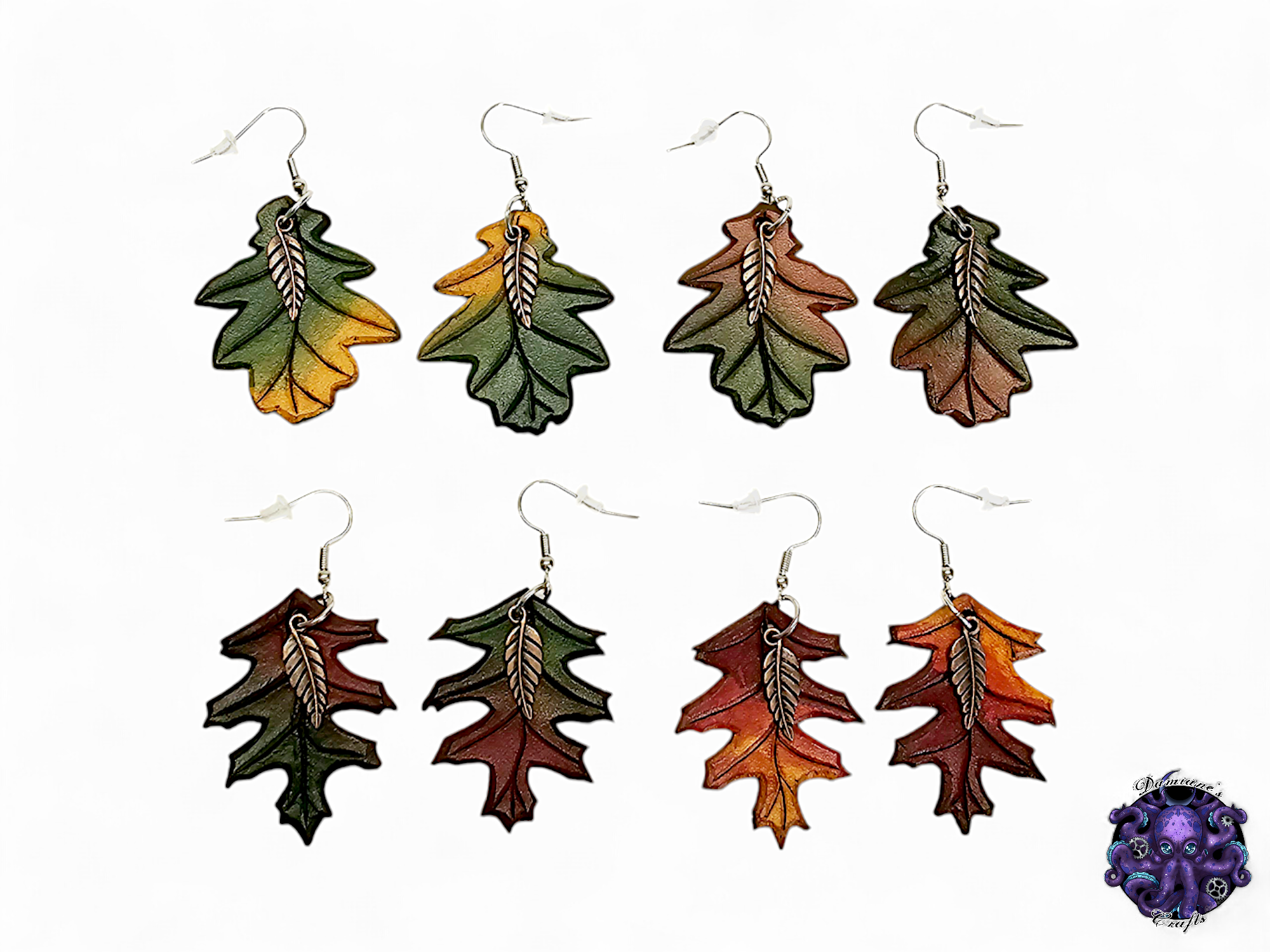 Earrings, Real leather, hook, Oak leaf, Fall, Autumn, colorful, boho, nature, forest, cottagecore, fairycore