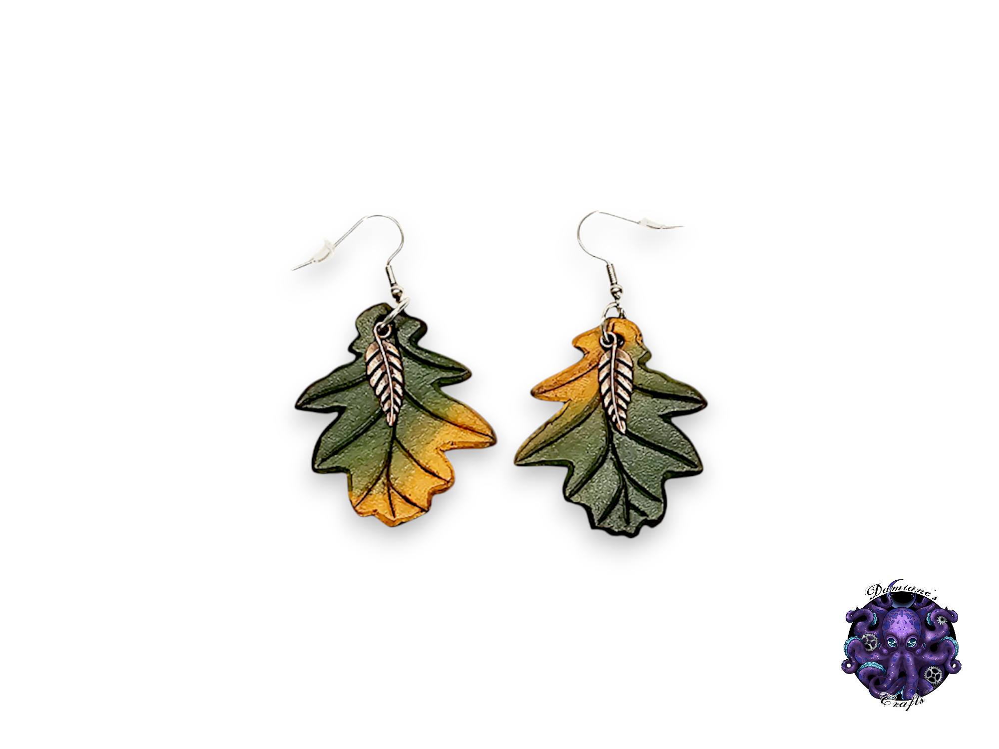 Earrings, Real leather, hook, Oak leaf, Fall, Autumn, colorful, boho, nature, forest, cottagecore, fairycore