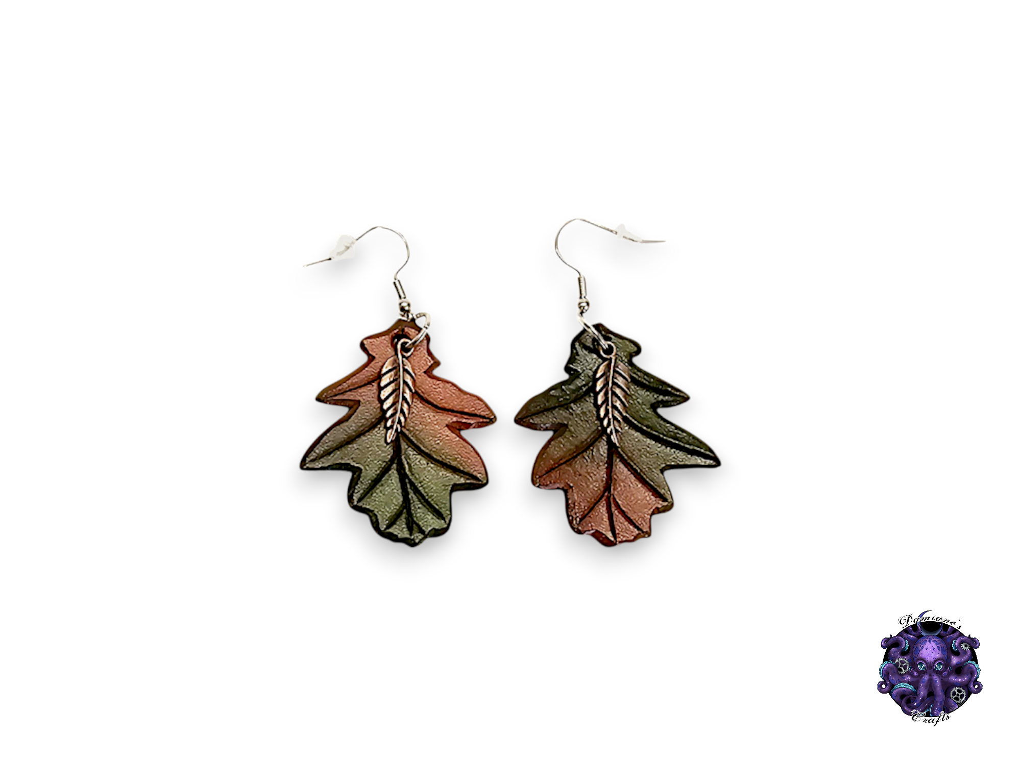 Earrings, Real leather, hook, Oak leaf, Fall, Autumn, colorful, boho, nature, forest, cottagecore, fairycore